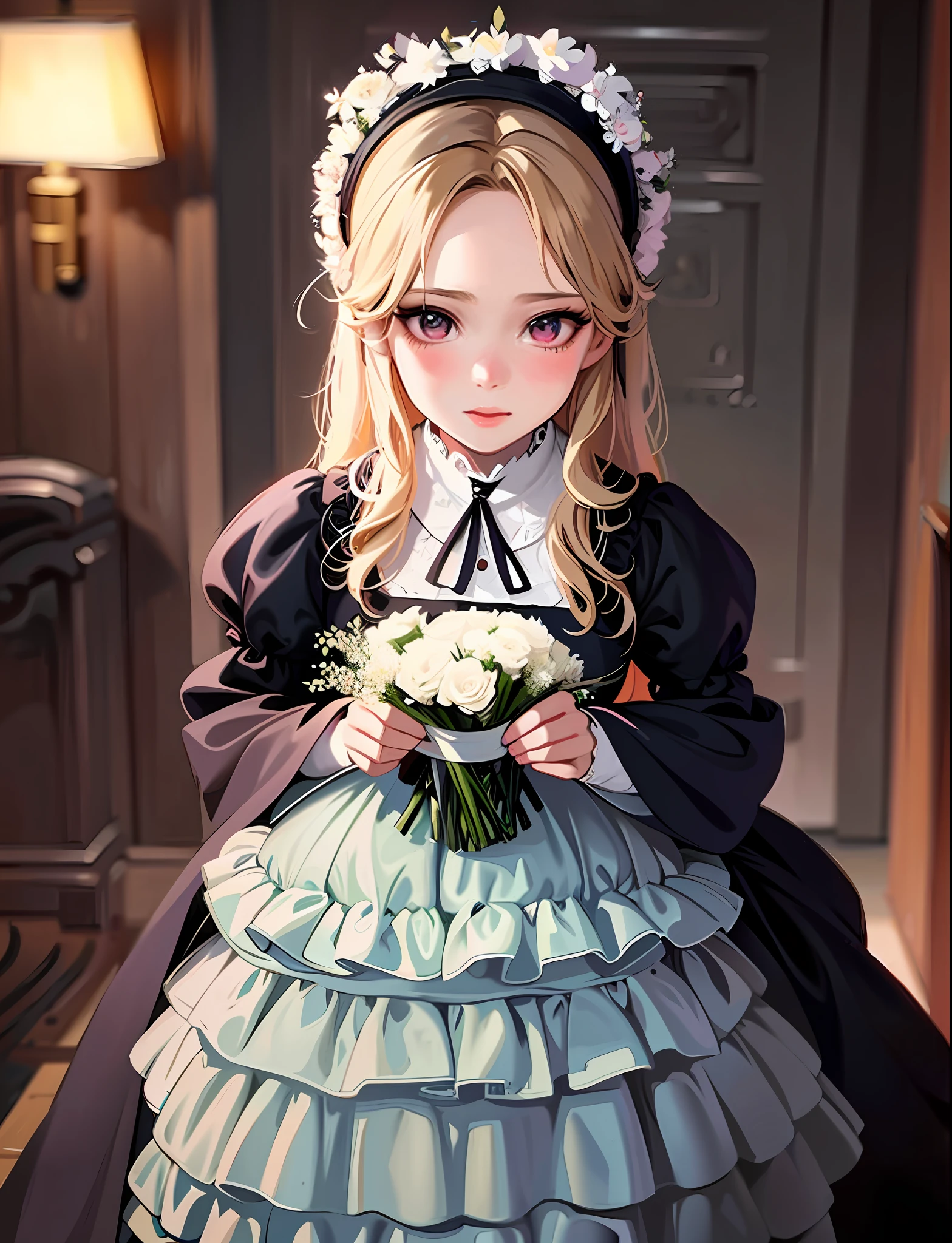a close up of a doll holding a bouquet of flowers, anime girl in a maid costume, artwork in the style of guweiz, guweiz, maid outfit, loli in dress, cute anime waifu in a nice dress, maid dress, gothic maiden anime girl, gorgeous maid, guweiz on pixiv artstation, kawaii realistic portrait