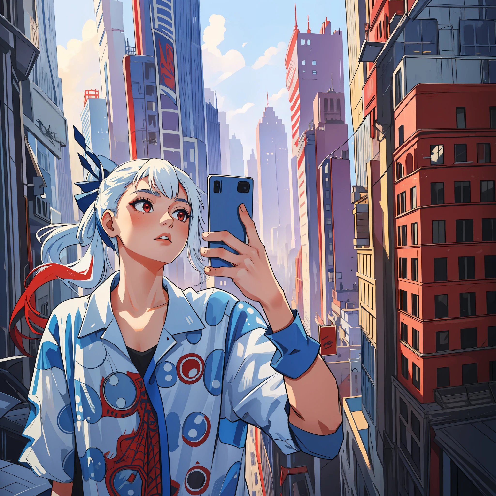 (masterpiece, best quality), intricate details, 8k, artstation, wallpaper, official art, screensaver, sharp focus,
1girl, girly, long hair, blue ponytails, red eyes, white hair, 
 spider costume, web print, web,  
skyscrapers, city, buildings, cars, street,