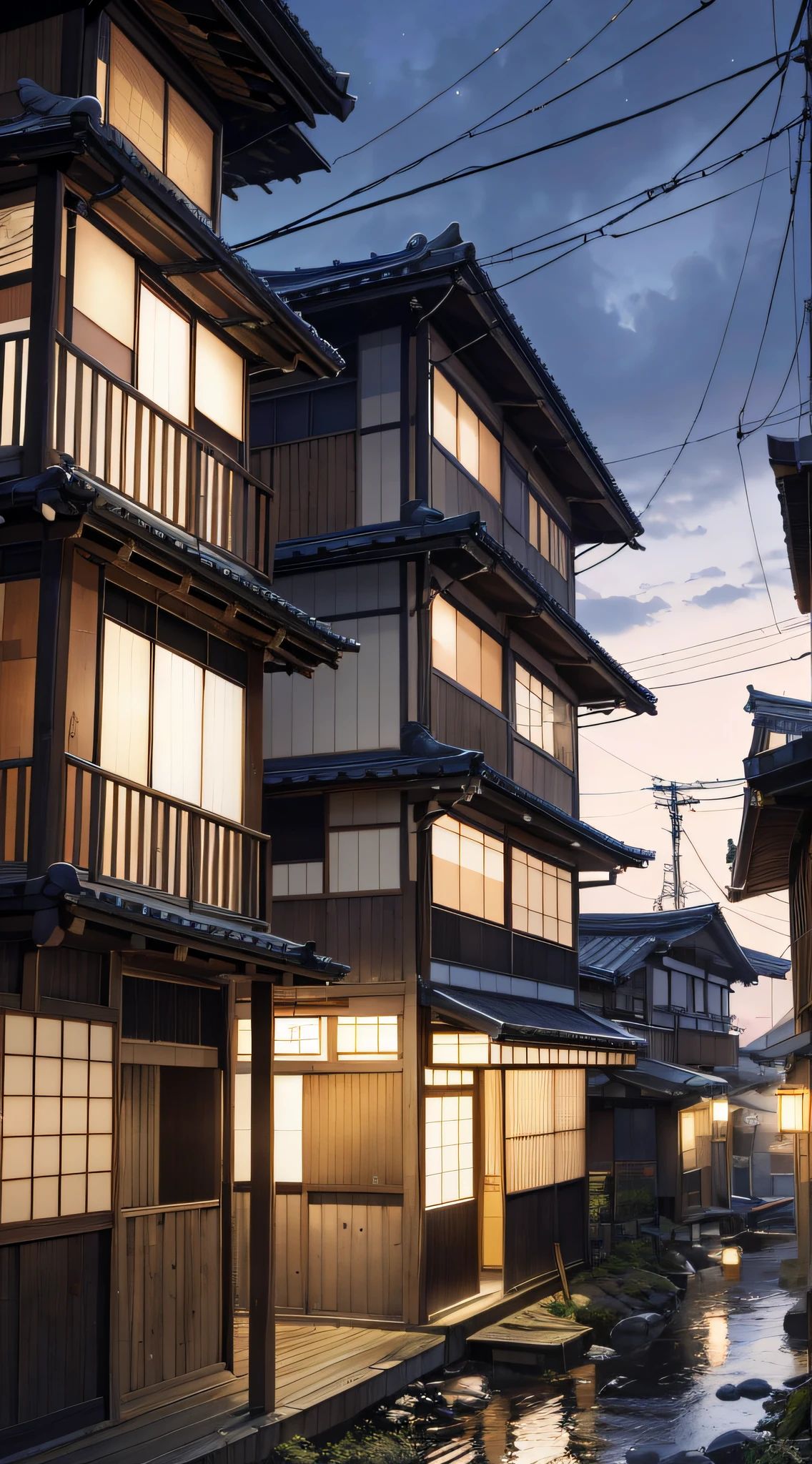 absurdres, highres, ultra detailed, splicing skyscraper ryokan, a building that has a lot of windows and balconies on it, japanese rural town, stood outside a corner shop, classified photo, low angle photo, rustic and weathered, complete house, evening, blurry and dreamy photo,