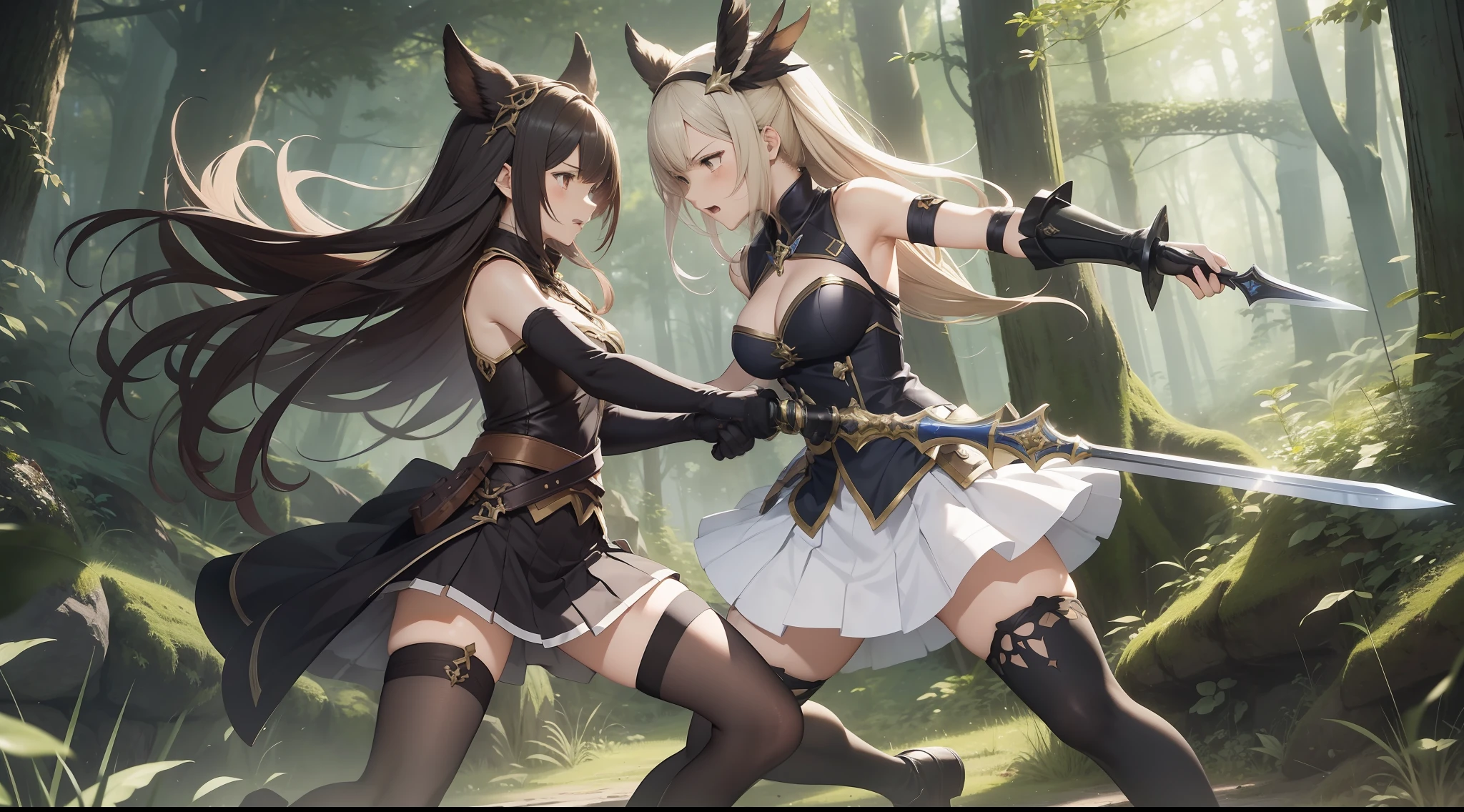 Full body shot from head to feet, duel between two female characters from Granblue Fantasy. Female 1 attacking Female 2 with sword, with serious expression. Female 2 defending with sword, but wounded and killed, in pain expression. Both characters have long hairstyle. Both characters wear sleeveless dress and long gloves, short skirt, complemented by black thigh highs stockings. The background set in a deep forest, with simple effect.