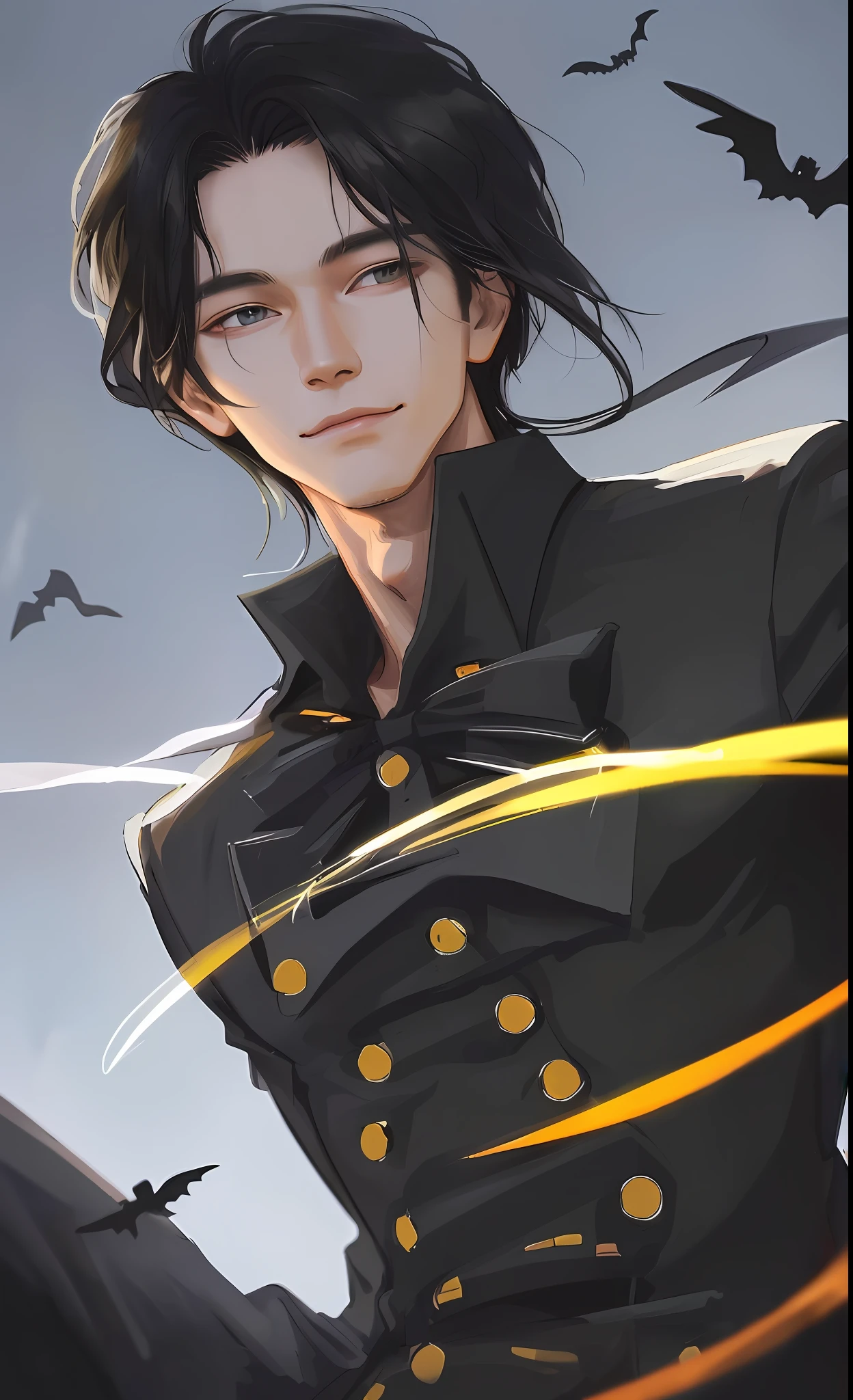 Masterpiece, Best Quality, Realistic, 1 man, male focus, tall, cute, smile, closed mouth, shirt and black pants, portrait, extremely detailed face, autumn Halloween season, Korean face, idol face, long black hair, cinematic lightning, Halloween background with dramatic light, October, moon, night time