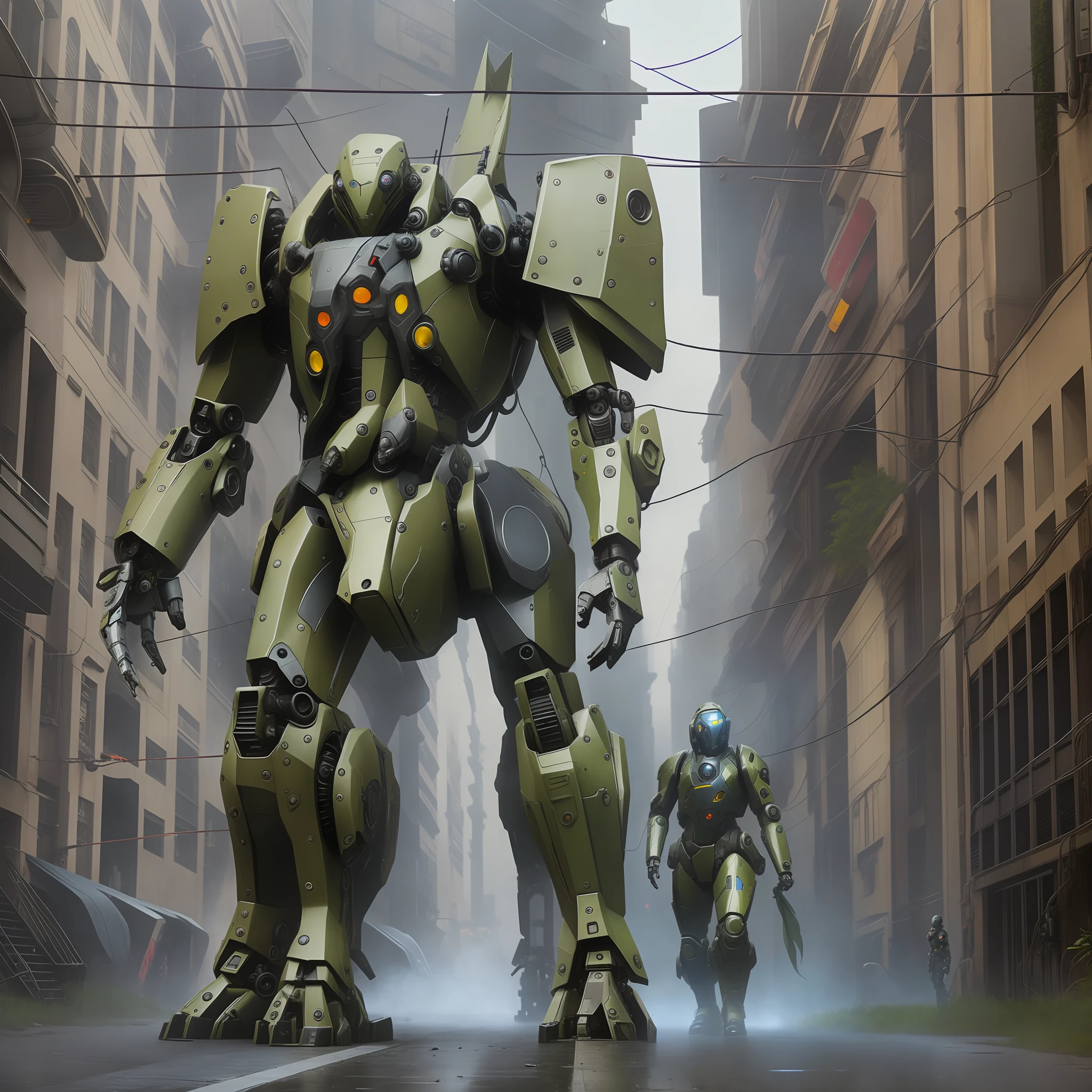 Reptillian alien lizzie in robo suit and tail standing in the street next to his mech, hard surface concept art, mech concept art, pacific-rim-mech in background, battlemech, painterly humanoid mecha, discarded mech in background, mechanized art concept, soldiers and mech fight, robot concept art, full body mech, war mechs fighting, mech, mech suit