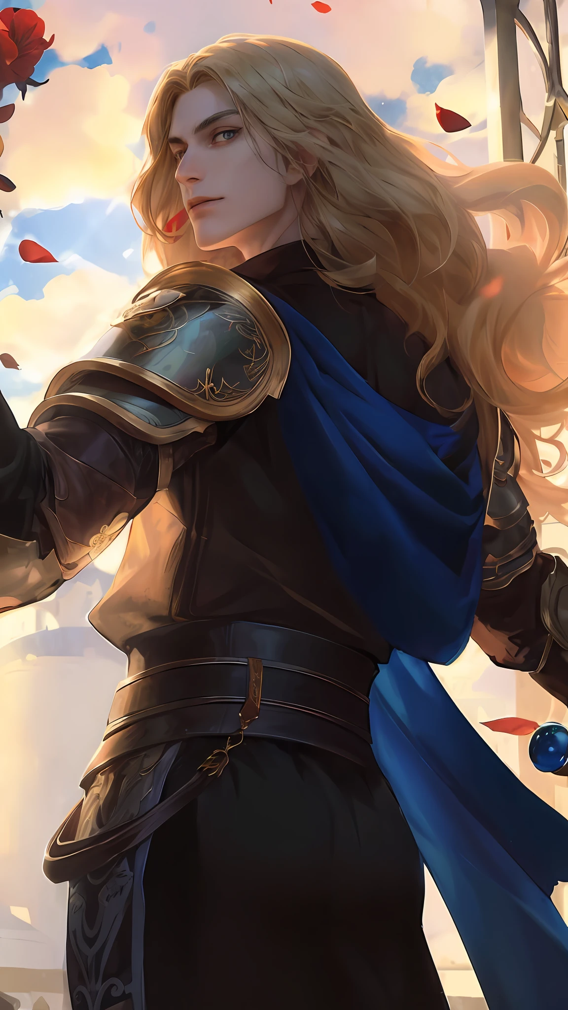 (Absurdres, Intricate Details, Masterpiece, Best Quality, High Resolution, 8k), 1 male, thin, young, aged up, masked, finely detailed eyes and face, auburn low-fade hair, amber eyes, portrait, looking at viewer, solo, half shot, detailed background, (light fantasy theme:1.1), focusing, mercenary, sunshine, floating scraps, color plate armor, divine aura, bright realistic lighting, marble castle, intense atmosphere, circlet, coat of arms, brazier, , Depth of Field, VFX. wear an eyepatch