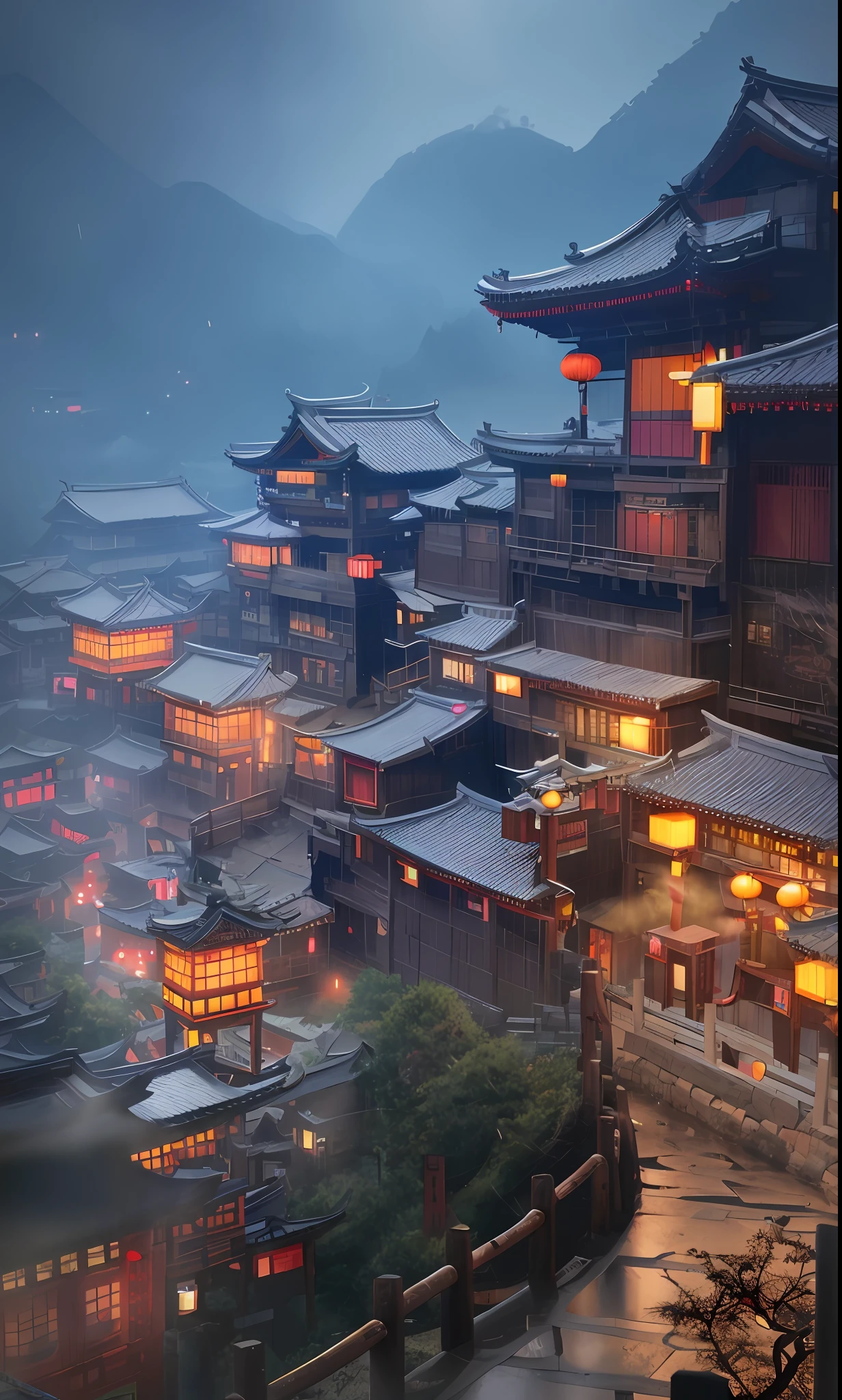 arafed view of a village with a lot of lights on the buildings, dreamy chinese town, chinese village, amazing wallpaper, japanese town, japanese village, hyper realistic photo of a town, old asian village, japanese city, by Raymond Han, rainy evening, cyberpunk chinese ancient castle, beautifully lit buildings, at evening during rain, beautiful and aesthetic, photography, cinematic, 8k, high detailed ((Heavy rain)))