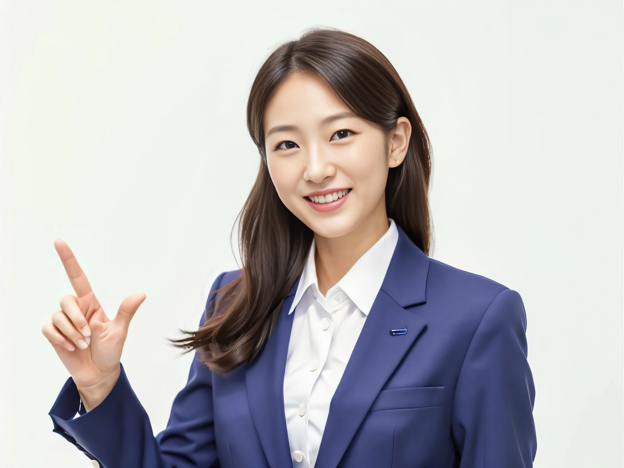 ((Best Quality)), ((Masterpiece)), (Details:1.4), Smiling woman in white shirt and black business suit, showing victory sign with one hand, Five-fingered neatly trimmed hands, black business suit, black hair, Japan woman, Young business woman, Professional profile picture, young asian young woman, Korean girl, beautiful young Japan woman, professional profile picture, young asian woman, Woman in business suit, Beautiful Japan woman, Girl in suit, Asian woman, white background, white background