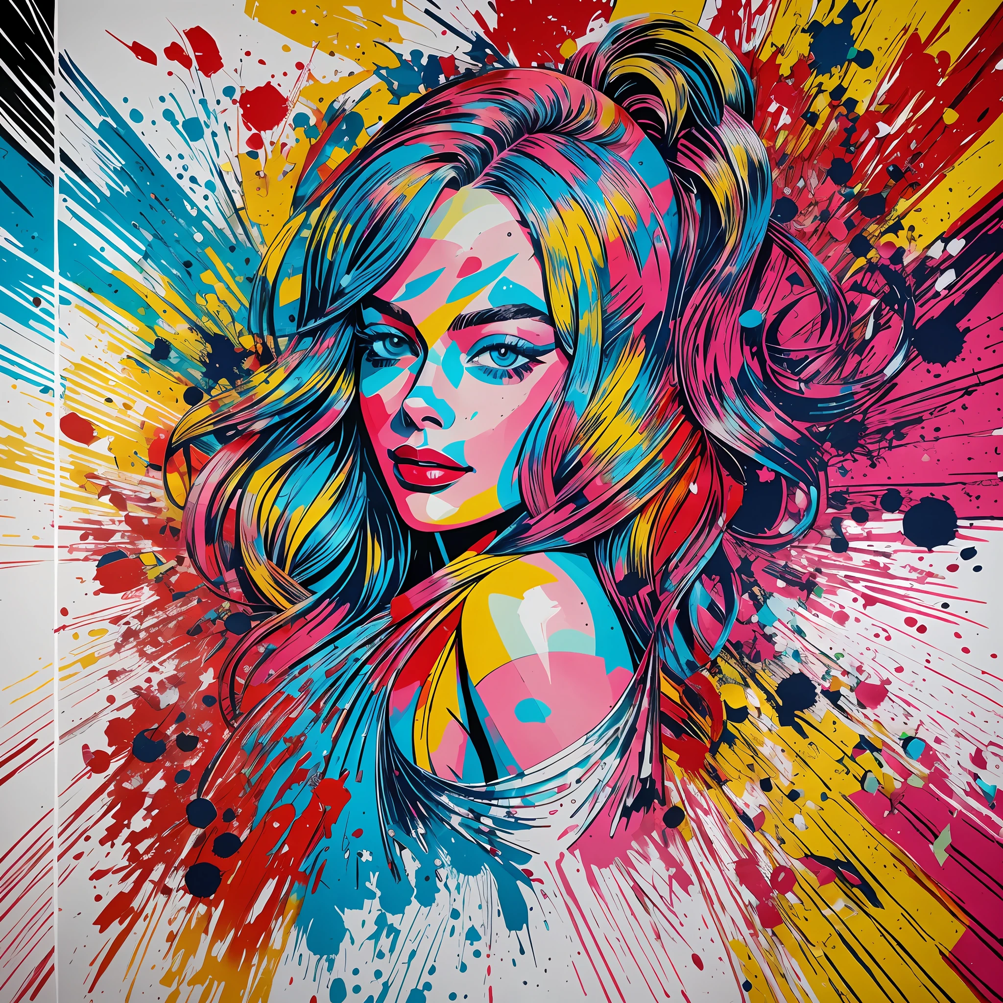 paper textured art by Actress Margot Robbie, splatter style and colorful graffiti in the colors blue and red, vibrant colors, the Art is highlighted by the beauty of the actress, and at the same time it is mesmerizing, the vibrant colors make the art aida more beautiful --auto --s2