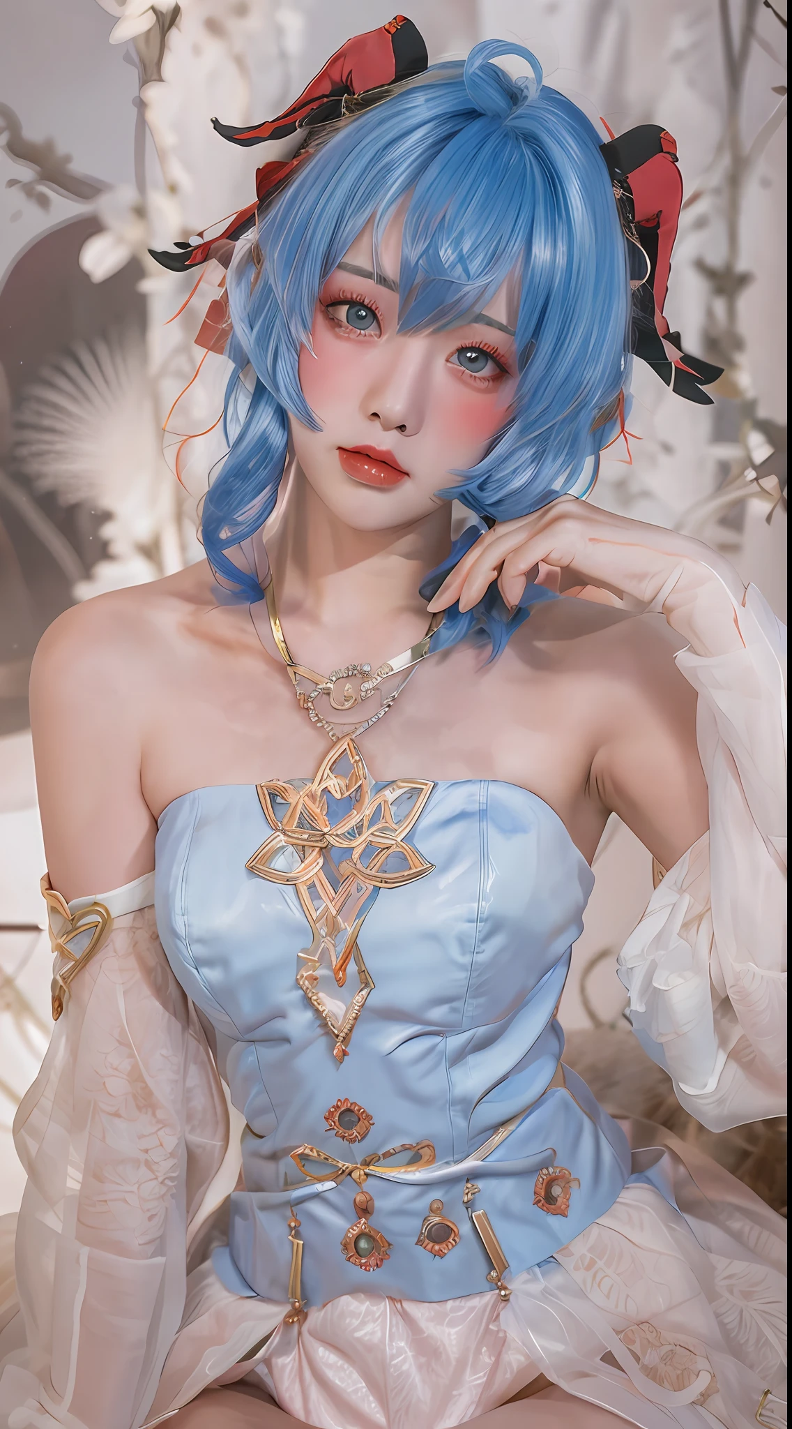 1 girl, masterpiece, sitting, looking at the audience, goat horns, necklace, realistic, blush, blue eyes, beautiful eyes, red cheongsam