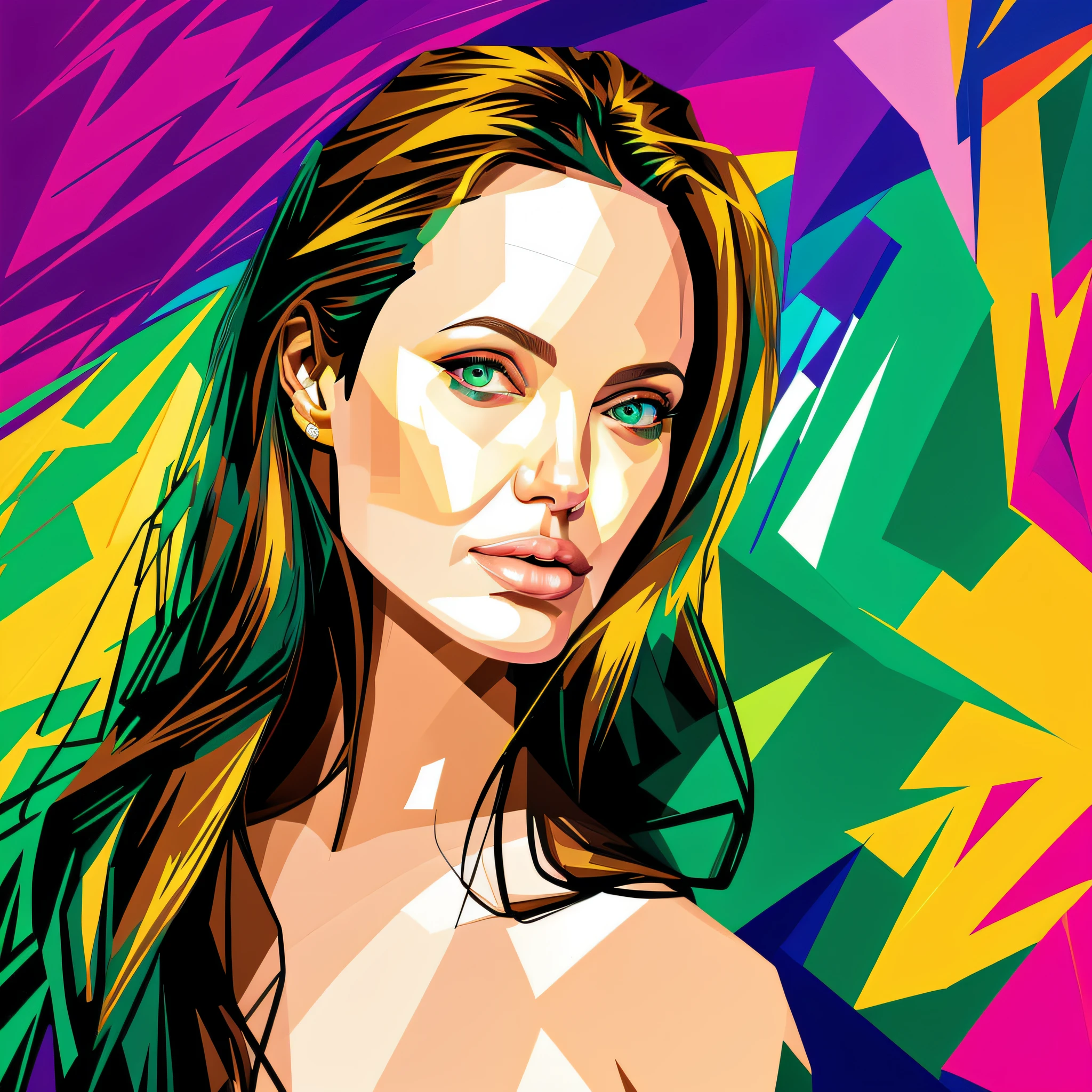 A closeup of a painting of a woman, Portrait of angelina jolie, WPAP, Color film art, angelina jolie, Vector Art Style, "angelina jolie, Vector Art, Vibrant Fan Art, Face of angelina jolie, Multicolored vector art, in digital illustration style, Art by Alessandro Pautasso, Masterpiece of art
