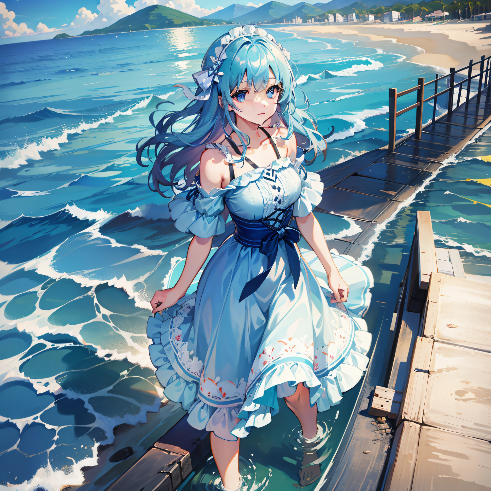 A girl, dressed in light blue, by the sea