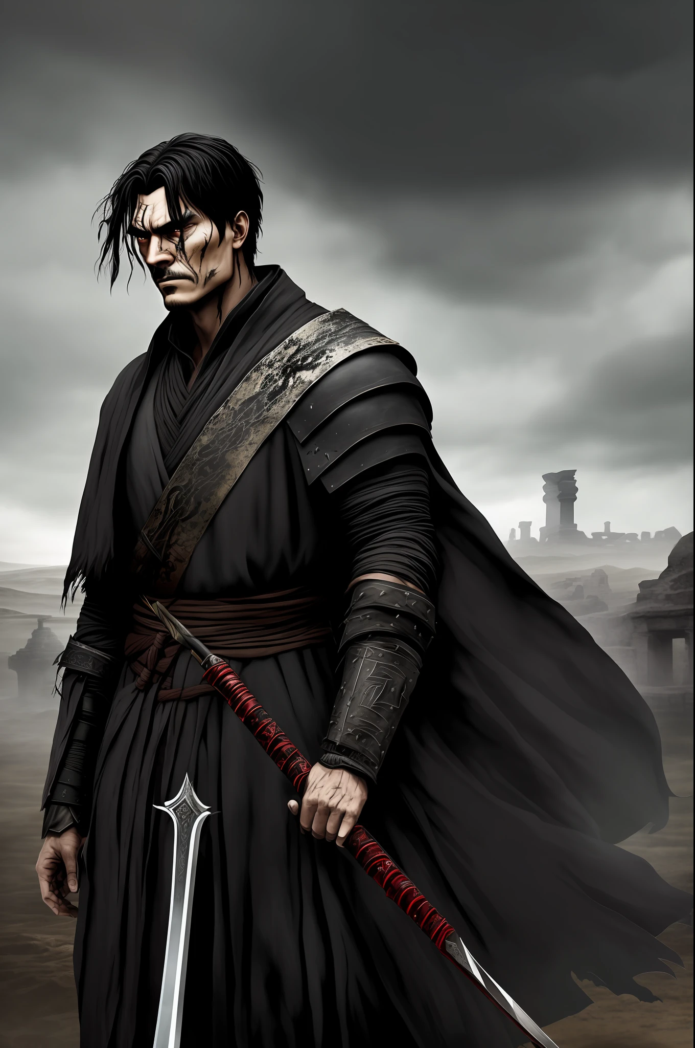The illustration depicts Eduard, also known as the Dark Blade, a warrior with a dark history and a troubled past. He is depicted as an austere-looking man with black hair and piercing eyes, which convey a mixture of determination and melancholy.
Dressed in simple yet striking attire, Eduard carries with him the visible scars of his past battles, symbolizing the pain and adversity he has faced along his journey. Her robes are dyed with dark and aged hues, reflecting her lonely and mysterious nature.
In his hands, Eduard wields a long sword, the dark blade of which is ornamented with ancestral symbols. The sword represents his exceptional combat skill and his bond with the shadows, which accompany him in his endeavors.
His face displays an expression marked by determination and the weight of his forgotten memories. Through his intense gaze, it is possible to glimpse a deep thirst for justice and revenge against those who oppressed him.
Around Eduard, the shadows gather, seeming to dance around him as an extension of his own essence. These shadows are represented with subtle shades of gray and black, creating an environment of mystery and restlessness.
In the background of the illustration, one glimpses a backdrop of ancient ruins and desolate landscapes, indicating the dark and challenging nature of his past experiences. The sky is filled with dark clouds, hinting at the storm he faced in his quest for redemption.
Eduard's illustration conveys the aura of a tormented warrior whose past has shaped him into a ruthless fighter. His presence evokes a mixture of mystery, courage and a thirst for untiring justice. It's a visual representation that captures the complexity of the character, revealing his journey in search of redemption and enlightenment amid the darkness.