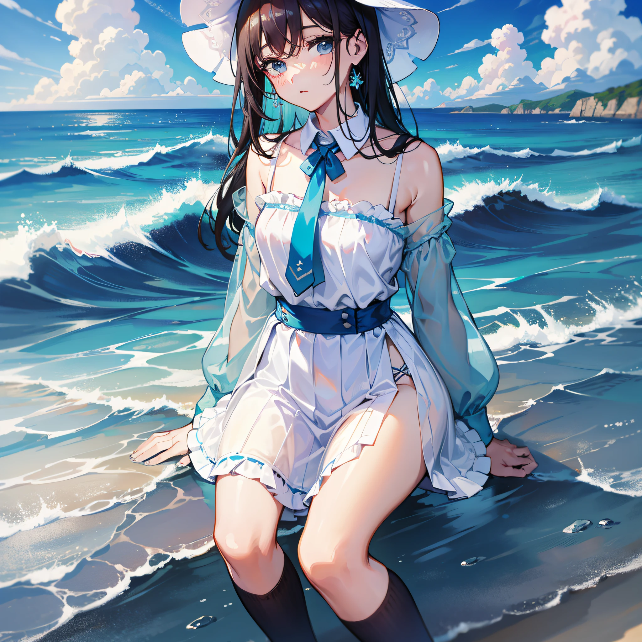 A girl, dressed in light blue, by the sea