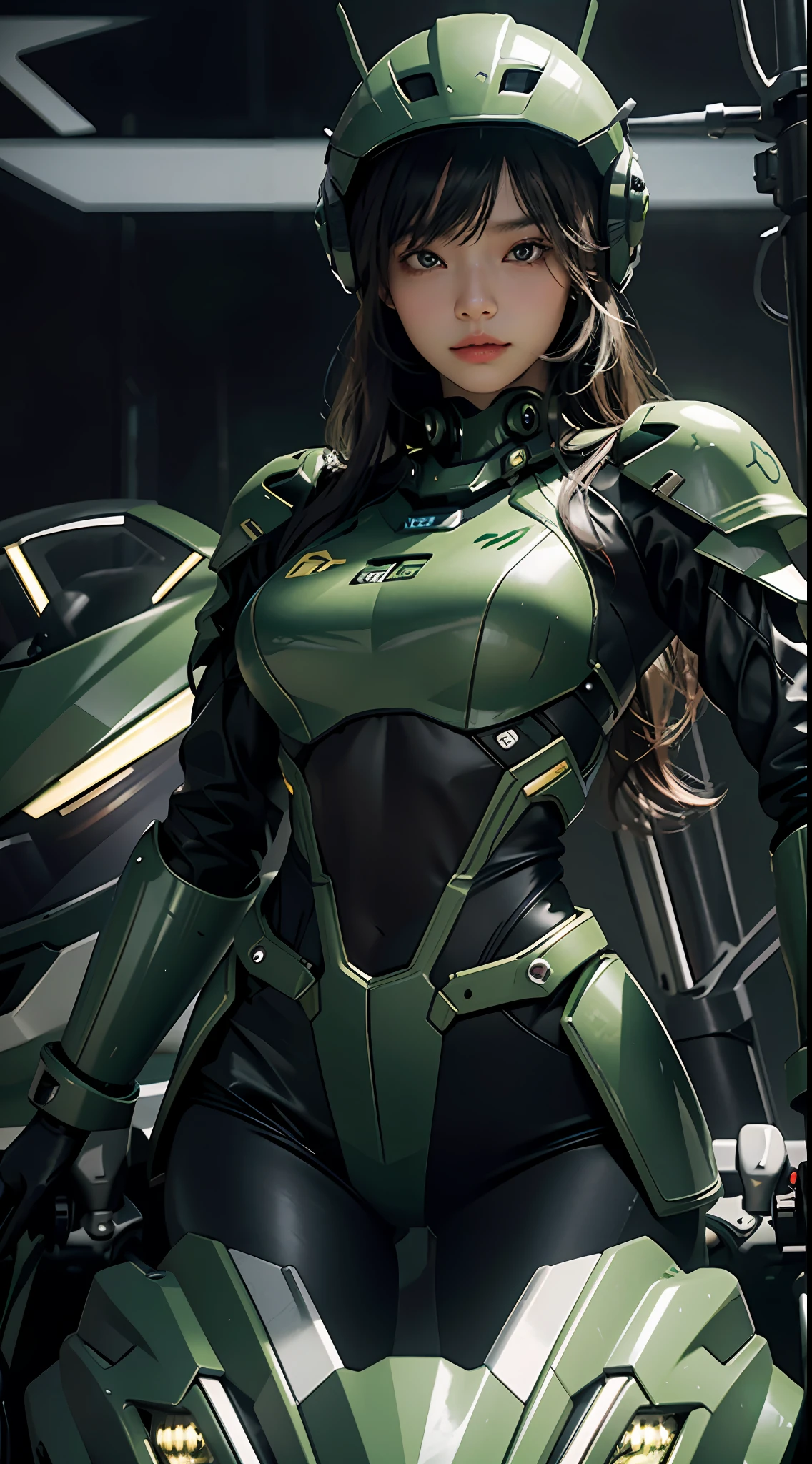 Highest image quality, outstanding details, ultra-high resolution, (realism: 1.4), the best illustration, favor details, highly condensed 1girl, with a delicate and beautiful face, dressed in a black and green mecha, wearing a mecha helmet, holding a directional controller, riding on a motorcycle, the background is a high-tech lighting scene of the future city.