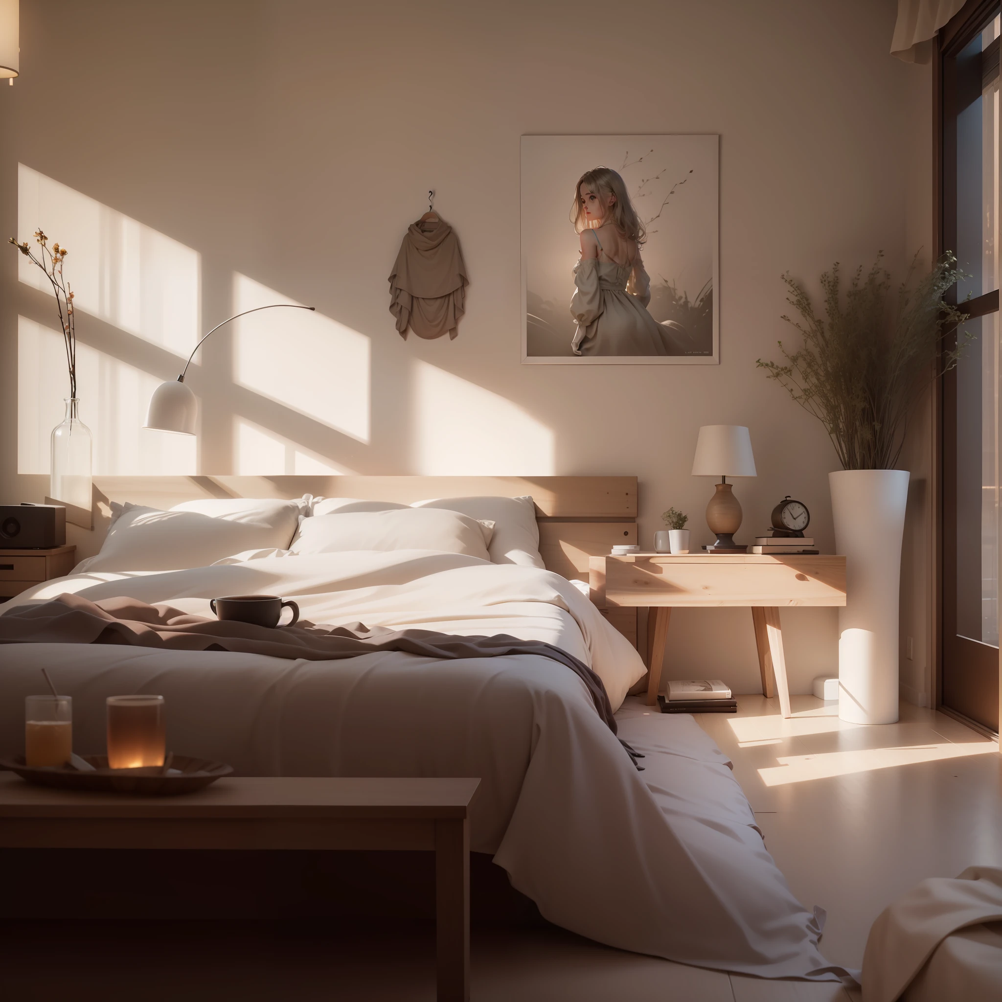 (8K HD image quality, gray bed, wooden table, realistic afternoon lighting) + detailed architectural visualization + soft environment lighting, (Unreal Engine 5/Vray8K/Vray8K/Unreal Engine 6/Vray, etc.) The use of multiple rendering methods + corona rendering + Unreal Engine high rendering, (soft evening lighting, realistic rendering), together present a warm and elegant feeling. --auto --s2