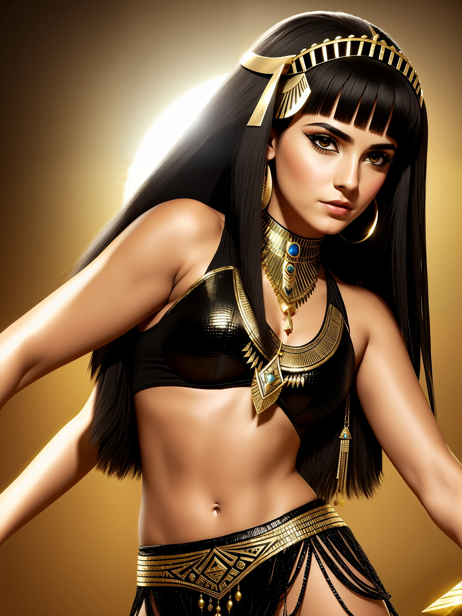 araffe woman in a black and gold outfit posing for a picture, beautiful cleopatra, black emma watson as egyptian, cleopatra, egyptian princess, cleopatra portrait, egyptian, egyptian makeup, egyptian style, she is dressed as a belly dancer, wears a egyptian ankh necklace, looks like britney spears, seshat, epic 3 d oshun, middle eastern skin