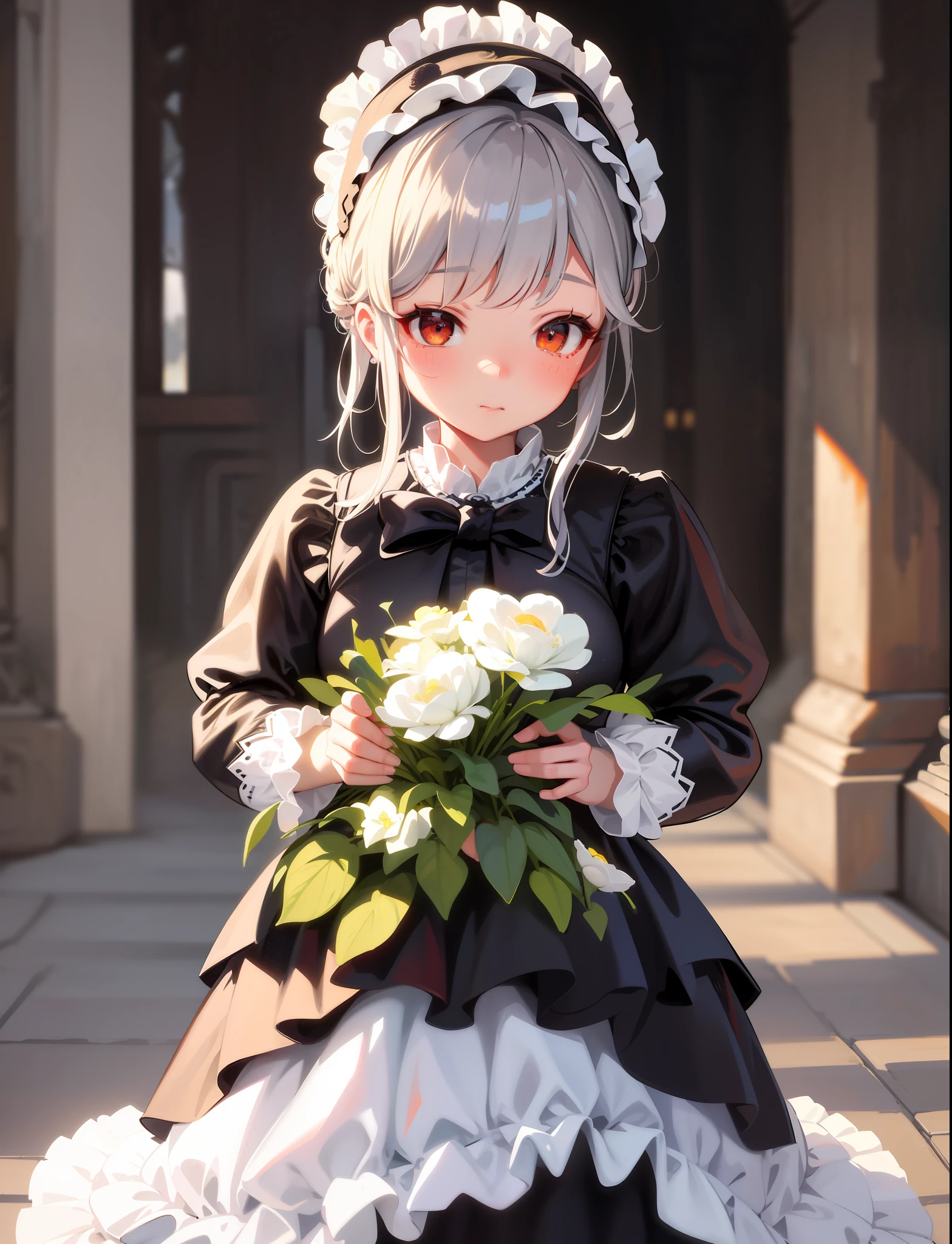 a close up of a doll holding a bouquet of flowers, loli in dress, artwork in the style of guweiz, maid outfit, anime girl in a maid costume, maid dress, guweiz, gorgeous maid, 🍁 cute, a maid in a magical forest, guweiz masterpiece, loli, maid, lovely and cute, cute and lovely