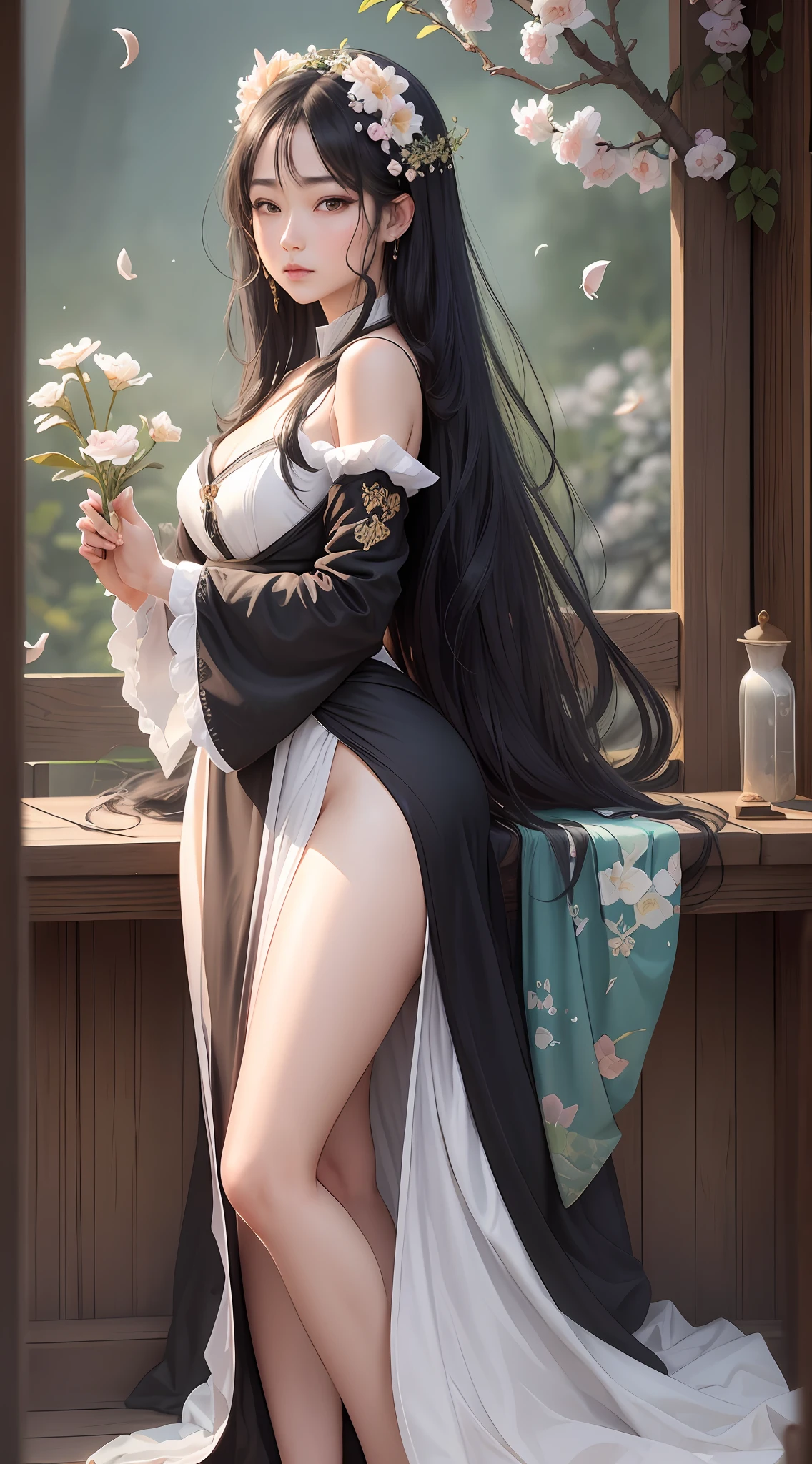 ((Best Quality, 8K, Masterpiece: 1.3)), , 1girl, Perfect Beauty: 1.4, Slim Abs: 1.1, ((Deep Black Hair)), (White Dress: 1.4), (Outdoor, Night: 1.1), Ultra-fine face, fine eyes, double eyelids, eyebrows like early spring willow leaves, often with rain hatred clouds, face like March peach blossoms, hidden amorous moonlight. slender waist Yuena, restrained swallow lazy warbler; The sandalwood is light and seduces the bees wildly. Jade appearance enchanting flower interpretation, fragrant jade fragrance, Song dynasty strokes