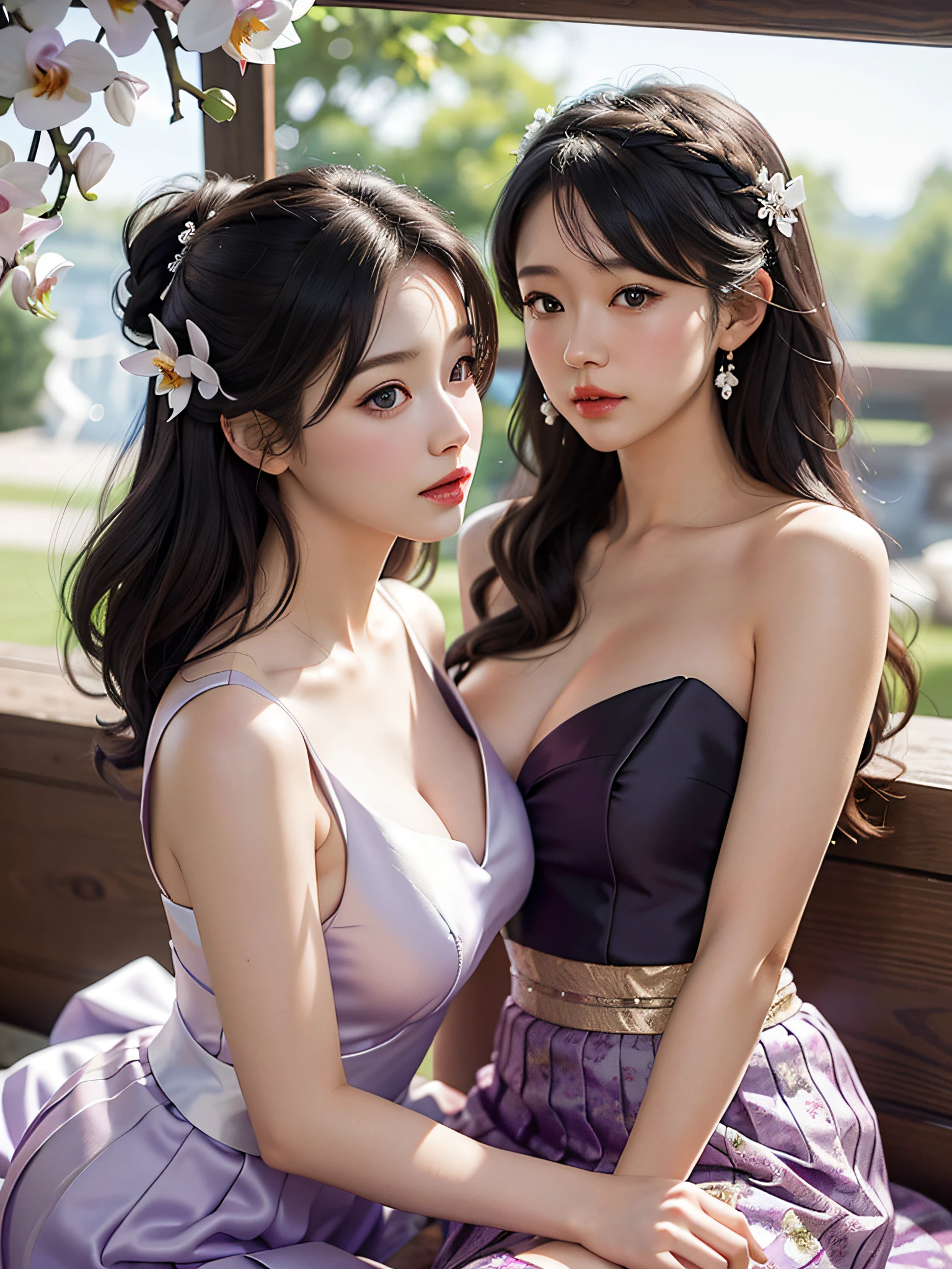 orchid wedding dress,purple short skirt,woman,japanese,cute face,pretty face,bare shoulders,shoulders slightly exposed,black eyes,black hair,(photorealistic:1.4),realistic details, high resolution,bokeh,outstanding details
