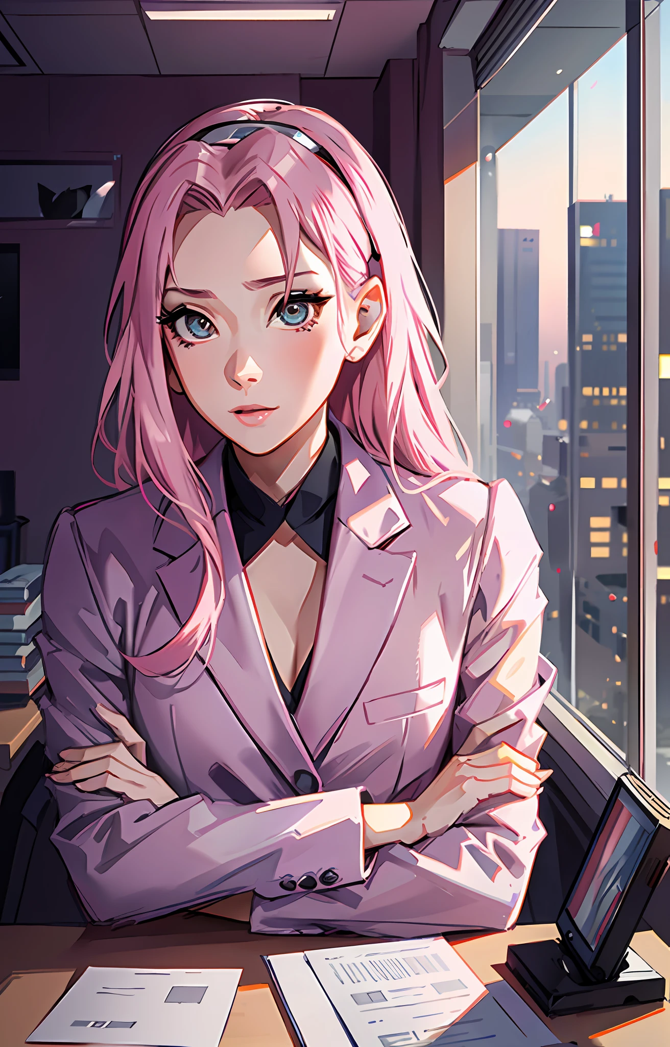 Sakura haruno, ((solo)), alone, ((forehead the show)), elegant,wearing a feminine suit, pink hair, delicate, young, long hair, detailed face, high definition, ((full body)), full body, ((serious)), in an office looking at the city outside the window, CEO, she is a beautiful woman of success, face with high quality,CEO, defined eyes, high definition, sharp, sharp features
