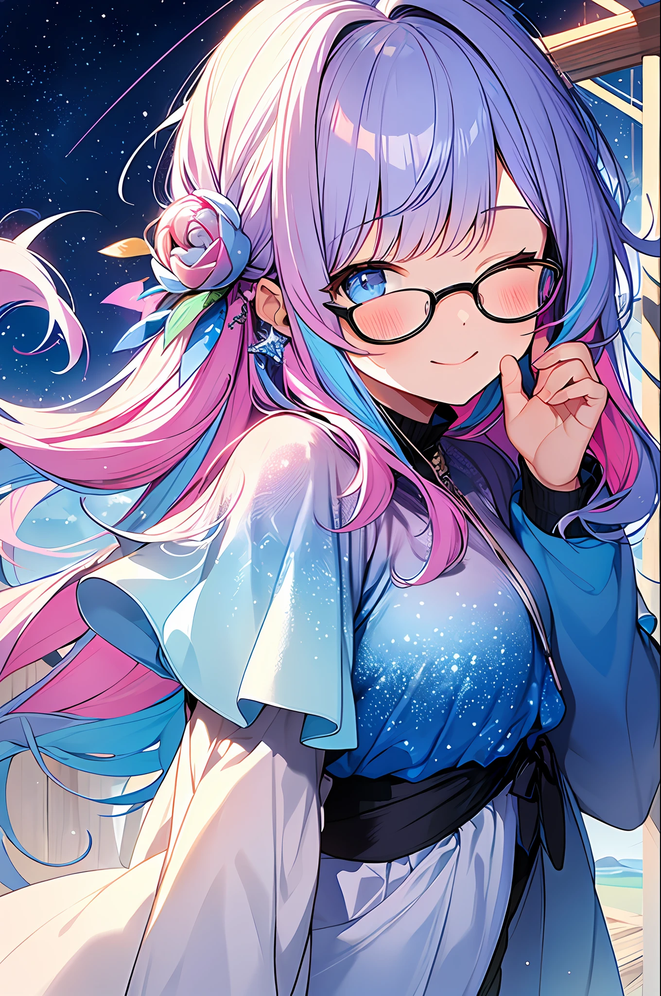 (Masterpiece, Best Quality, Best Quality, Watercolor (Medium), Official Art, Beautiful and Aesthetic: 1.2), (1 Girl: 1.3), (Fractal Art: 1.3), Upper Body, Sideways, Look at the Viewer, Pattern, (Iridescent Hair, Colorful Hair, Half Blue and Half Pink Hair: 1.2), Water, Liquid, Clouds, Colorful, Starry Sky, Stars, Smile, Glasses, Close-up, Heterochromia, (Colorful: 1.5), Eyes Closed, Blush