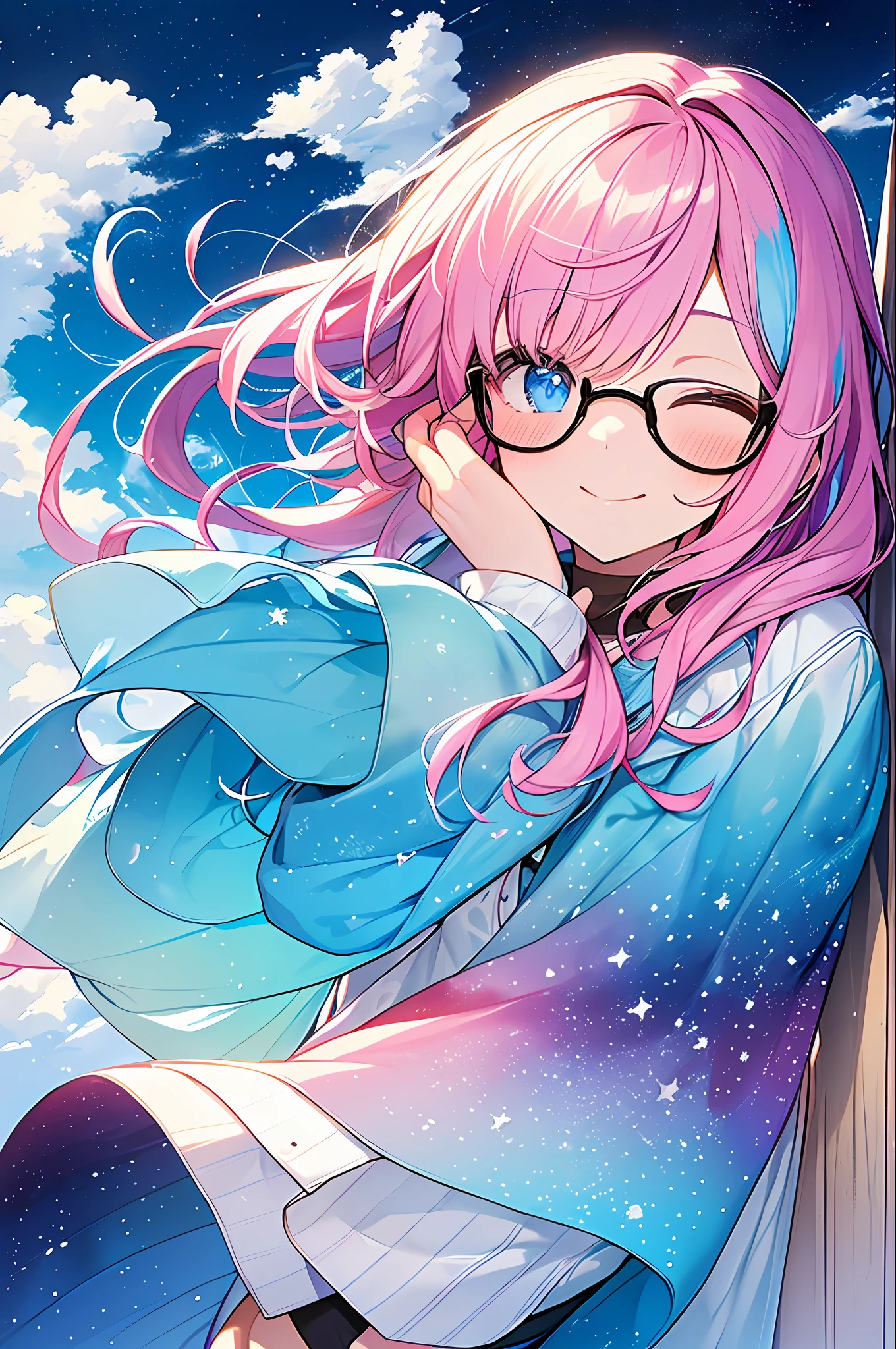 (Masterpiece, Best Quality, Best Quality, Watercolor (Medium), Official Art, Beautiful and Aesthetic: 1.2), (1 Girl: 1.3), (Fractal Art: 1.3), Upper Body, Sideways, Look at the Viewer, Pattern, (Iridescent Hair, Colorful Hair, Half Blue and Half Pink Hair: 1.2), Water, Liquid, Clouds, Colorful, Starry Sky, Stars, Smile, Glasses, Close-up, Heterochromia, (Colorful: 1.5), Eyes Closed, Blush