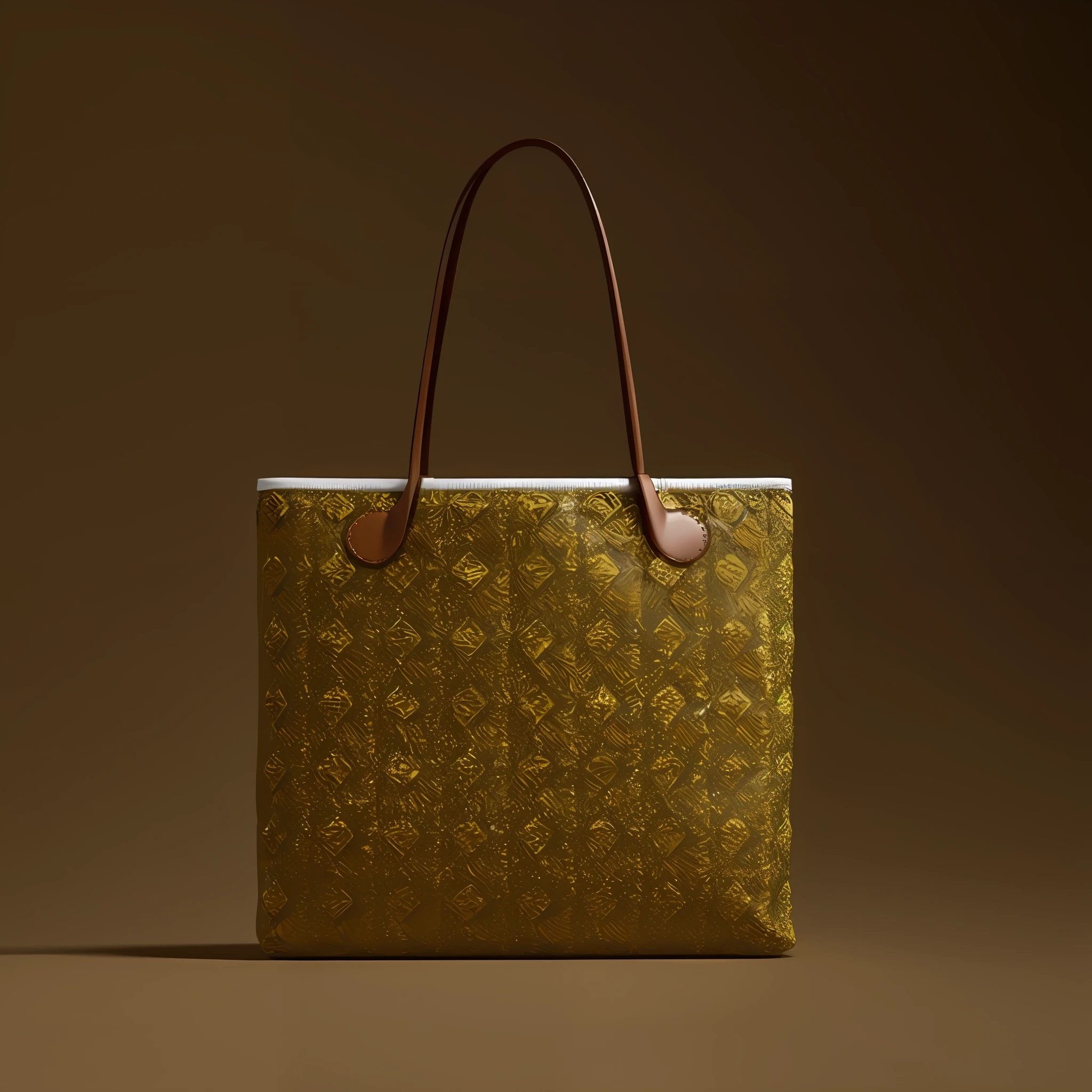 Close up of yellow and brown bag with khaki handle, product rendering, handbag, khaki top, 8K octave render photo, 3d product rendering, marmoset kit rendering, highly detailed texture rendering, highly detailed product photo, product design rendering, fantastic designer substance with 3d rendering, with 3d rendering, gold inlay