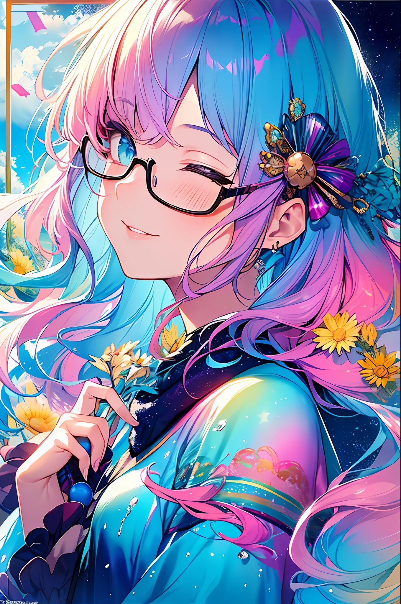 (Masterpiece, Best Quality, Best Quality, Watercolor (Medium), Official Art, Beautiful and Aesthetic: 1.2), (1 Girl: 1.3), (Fractal Art: 1.3), Upper Body, Sideways, Look at the Viewer, Pattern, (Iridescent Hair, Colorful Hair, Half Blue and Half Pink Hair: 1.2), Water, Liquid, Clouds, Colorful, Starry Sky, Stars, Smile, Glasses, Close-up, Heterochromia, (Colorful: 1.5), Eyes Closed, Blush