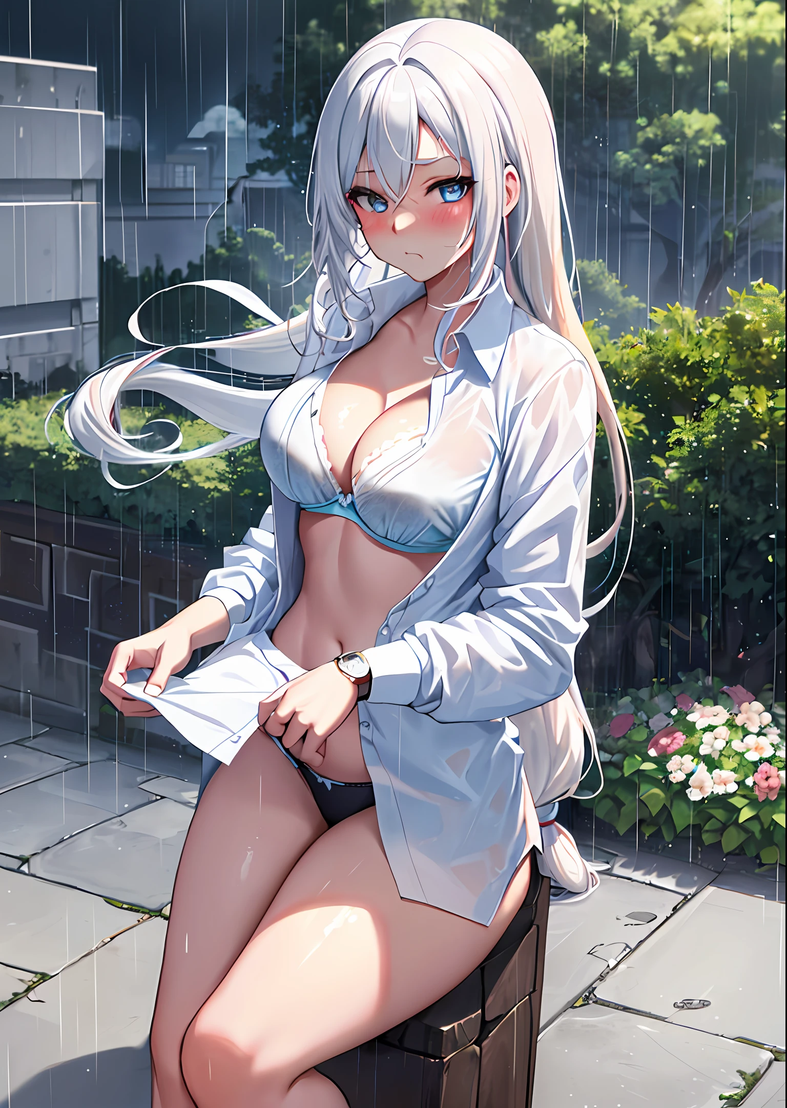  Anime Light Blue Hair Ponytail Small Tits Chest Flicker Aristocrat Castle High Definition Full Body Ecchi Boobs SLR Masterpiece, (Best Quality:1.3), 8K, Wallpaper, (1 Girl, (Blue Eyes), (White Hair:1.3), (Long Hair, Straight Hair:1.5), Blunt, ((Unbuttoned Shirt, Open Shirt)), Wet, (White Bra:1.3), Embarrassing, Mouth Closed, (Rain), outdoor, blush, garden, (middle breast)), navel, pleated skirt, watch viewer)