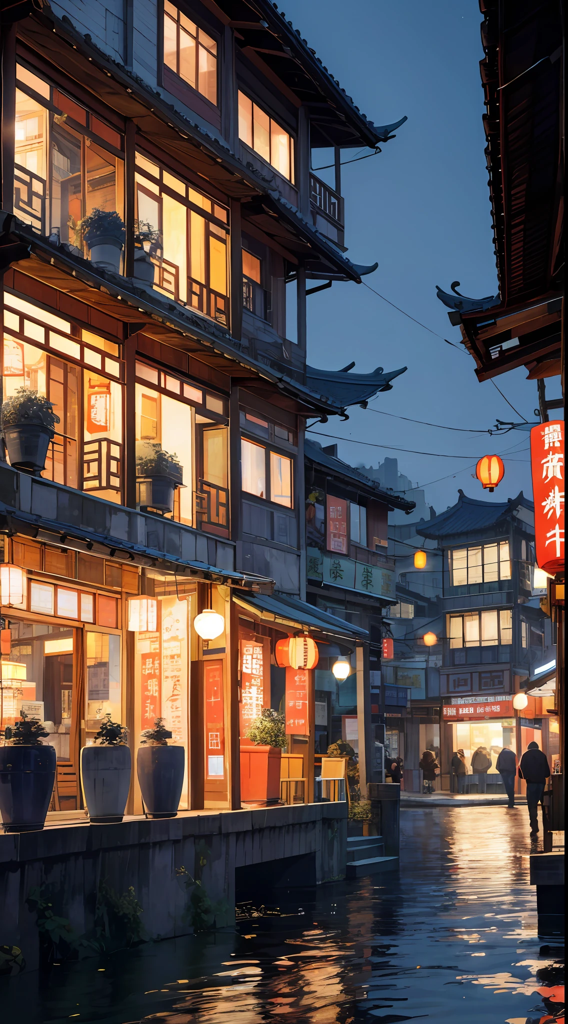 Ridiculous, high resolution, super detailed, stitched skyscraper Chinese inn, a building with many windows and balconies, Chinese rural town, standing outside the corner shop, categorized photos, low-angle photos, rustic and weathered, complete houses, at night, blurry and dreamy photos,