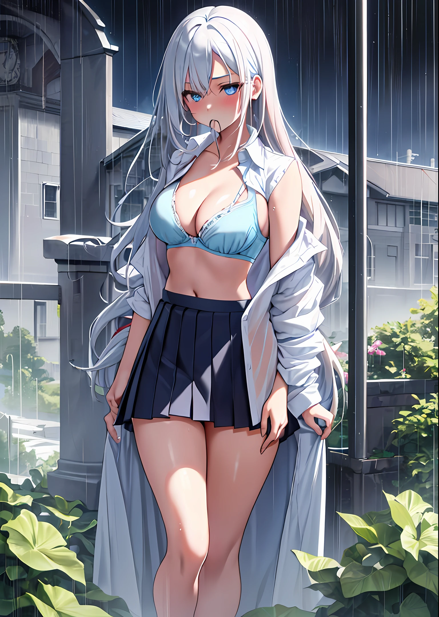  Anime Light Blue Hair Ponytail Small Tits Chest Flicker Aristocrat Castle High Definition Full Body Ecchi Boobs SLR Masterpiece, (Best Quality:1.3), 8K, Wallpaper, (1 Girl, (Blue Eyes), (White Hair:1.3), (Long Hair, Straight Hair:1.5), Blunt, ((Unbuttoned Shirt, Open Shirt)), Wet, (White Bra:1.3), Embarrassing, Mouth Closed, (Rain), outdoor, blush, garden, (middle breast)), navel, pleated skirt, watch viewer)