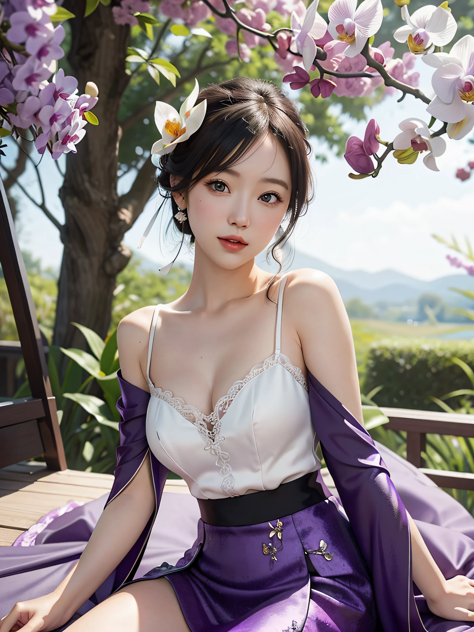 orchid wedding dress,purple short skirt,woman,japanese,cute face,pretty face,bare shoulders,shoulders slightly exposed,black eyes,black hair,(photorealistic:1.4),realistic details, high resolution,bokeh,outstanding details