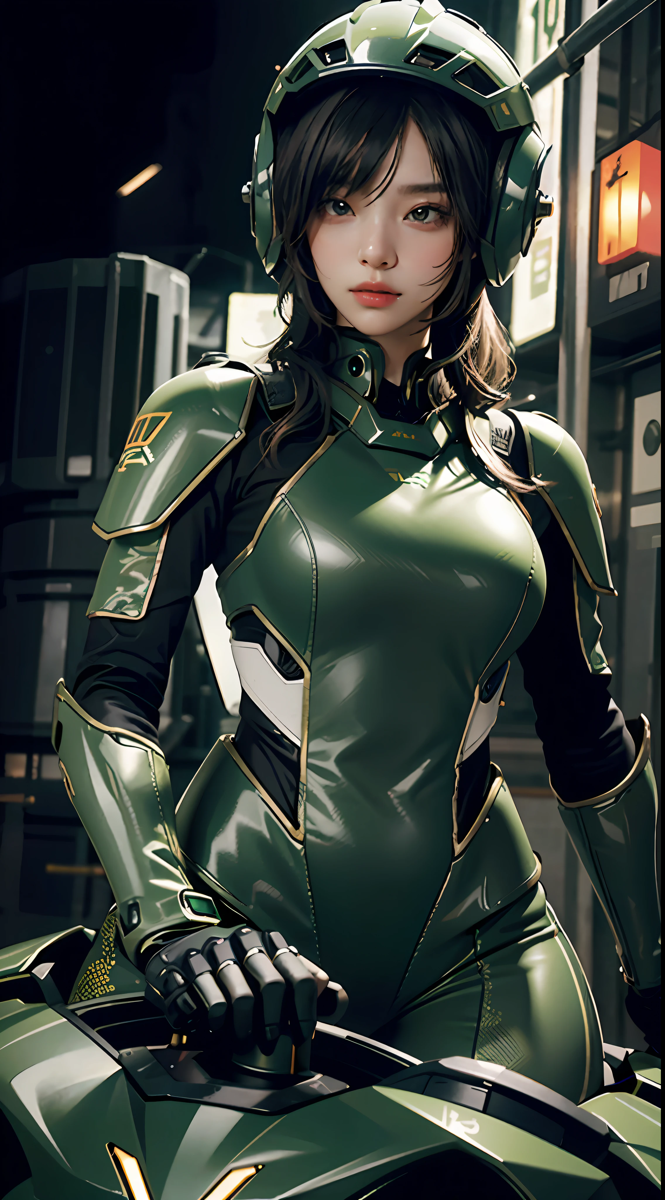 Highest image quality, outstanding details, ultra-high resolution, (realism: 1.4), the best illustration, favor details, highly condensed 1girl, with a delicate and beautiful face, dressed in a black and green mecha, wearing a mecha helmet, holding a directional controller, riding on a motorcycle, the background is a high-tech lighting scene of the future city.