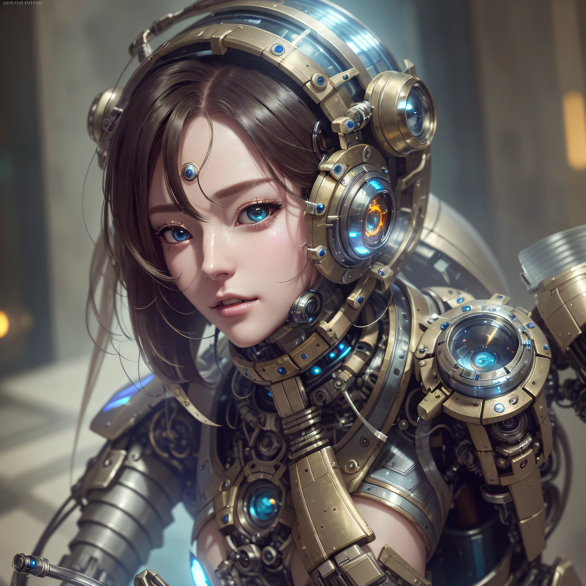 a close up of a woman in a futuristic suit with a clock, cute cyborg girl, portrait armored astronaut girl, beutiful girl cyborg, 4k highly detailed digital art, girl in mecha cyber armor, portrait anime space cadet girl, portrait beautiful sci - fi girl, cyborg girl, digital cyberpunk anime art, perfect anime cyborg woman, cyberpunk anime girl mech