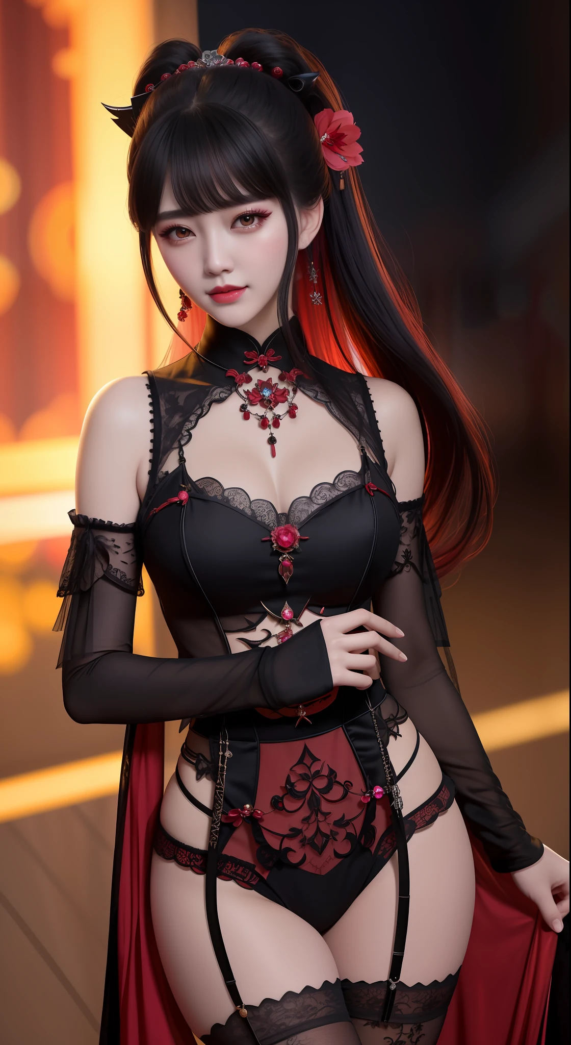 best quality, masterpiece, highres, 1girl, hanfu, white and even teeth, red irises, chinese underwear, hair ornaments, necklace, jewelry, crown jewelry. Pretty face, upper body, magic import style, tyndall effect, photo realistic, dark studio, border light, two tone light, (high detail skin: 1.2), 8k uhd, dslr , soft light, high quality, volumetric light, candid, Photo , high resolution, 4k, 8k, Bokeh, (light pink lips), 1 beautiful demon from hell, In the Dark: 1.6), surreal portraits of women by David Hockney and Alphonse Mucha, fantasy art, photorealism, dynamic lighting, station art, posters, volumetric lighting, highly detailed faces , super 8k, Awarded, in the dark, deep shadow, low light, cowboy lens, (Red phoenix shirt: 1.4), long hair, black hair, bust, luxury palace, Royal style family, devil's crown, red eyes with very sharp and detailed makeup, Best face, Very round and tight breasts, Surreal, chinese women's clothing, turtleneck polo lace top, charming smile, Beautiful eye makeup, guweiz, devil style, black lace stockings, mesh stockings with hooks on underwear, ponytail with a bow at the back, dark red lips, Devil tattoo on shoulder, wearing a nightgown thin lace deep slit chest red black, overcast and thunderous landscape, (Portrait), Close-up of main character, (Background detail 1.8),
