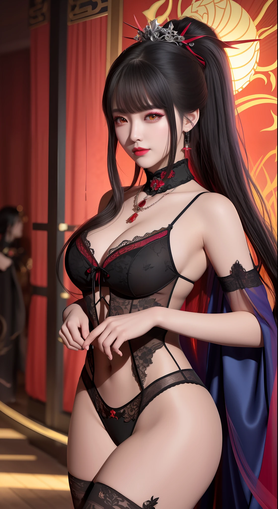 best quality, masterpiece, highres, 1girl, hanfu, white and even teeth, red irises, chinese underwear, hair ornaments, necklace, jewelry, crown jewelry. Pretty face, upper body, magic import style, tyndall effect, photo realistic, dark studio, border light, two tone light, (high detail skin: 1.2), 8k uhd, dslr , soft light, high quality, volumetric light, candid, Photo , high resolution, 4k, 8k, Bokeh, (light pink lips), 1 beautiful demon from hell, In the Dark: 1.6), surreal portraits of women by David Hockney and Alphonse Mucha, fantasy art, photorealism, dynamic lighting, station art, posters, volumetric lighting, highly detailed faces , super 8k, Awarded, in the dark, deep shadow, low light, cowboy lens, (Red phoenix shirt: 1.4), long hair, black hair, bust, luxury palace, Royal style family, devil's crown, red eyes with very sharp and detailed makeup, Best face, Very round and tight breasts, Surreal, chinese women's clothing, turtleneck polo lace top, charming smile, Beautiful eye makeup, guweiz, devil style, black lace stockings, mesh stockings with hooks on underwear, ponytail with a bow at the back, dark red lips, Devil tattoo on shoulder, wearing a nightgown thin lace deep slit chest red black, overcast and thunderous landscape, (Portrait), Close-up of main character, (Background detail 1.8),