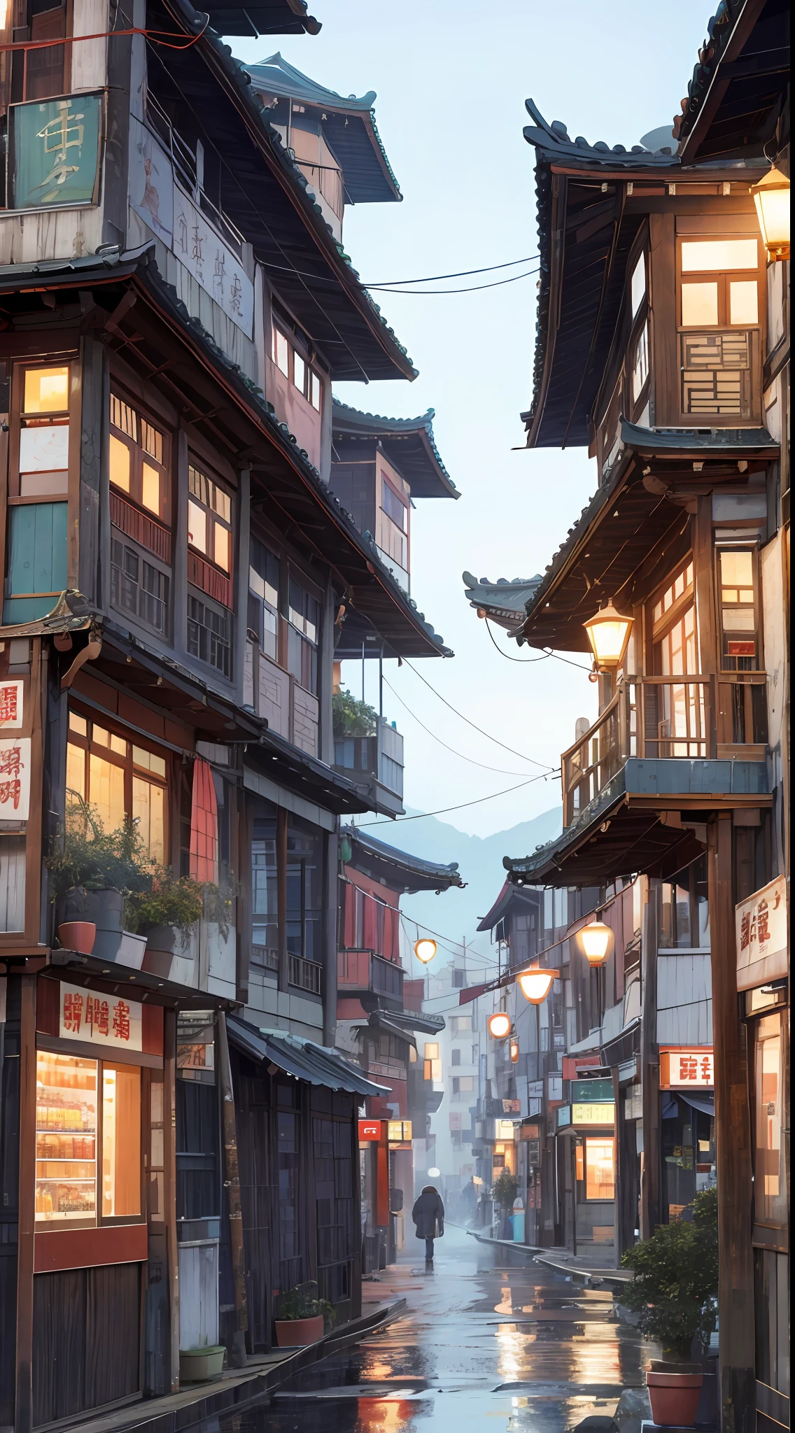 Ridiculous, high resolution, super detailed, stitched skyscraper Chinese inn, a building with many windows and balconies, Chinese rural town, standing outside the corner shop, categorized photos, low-angle photos, rustic and weathered, complete houses, at night, blurry and dreamy photos,