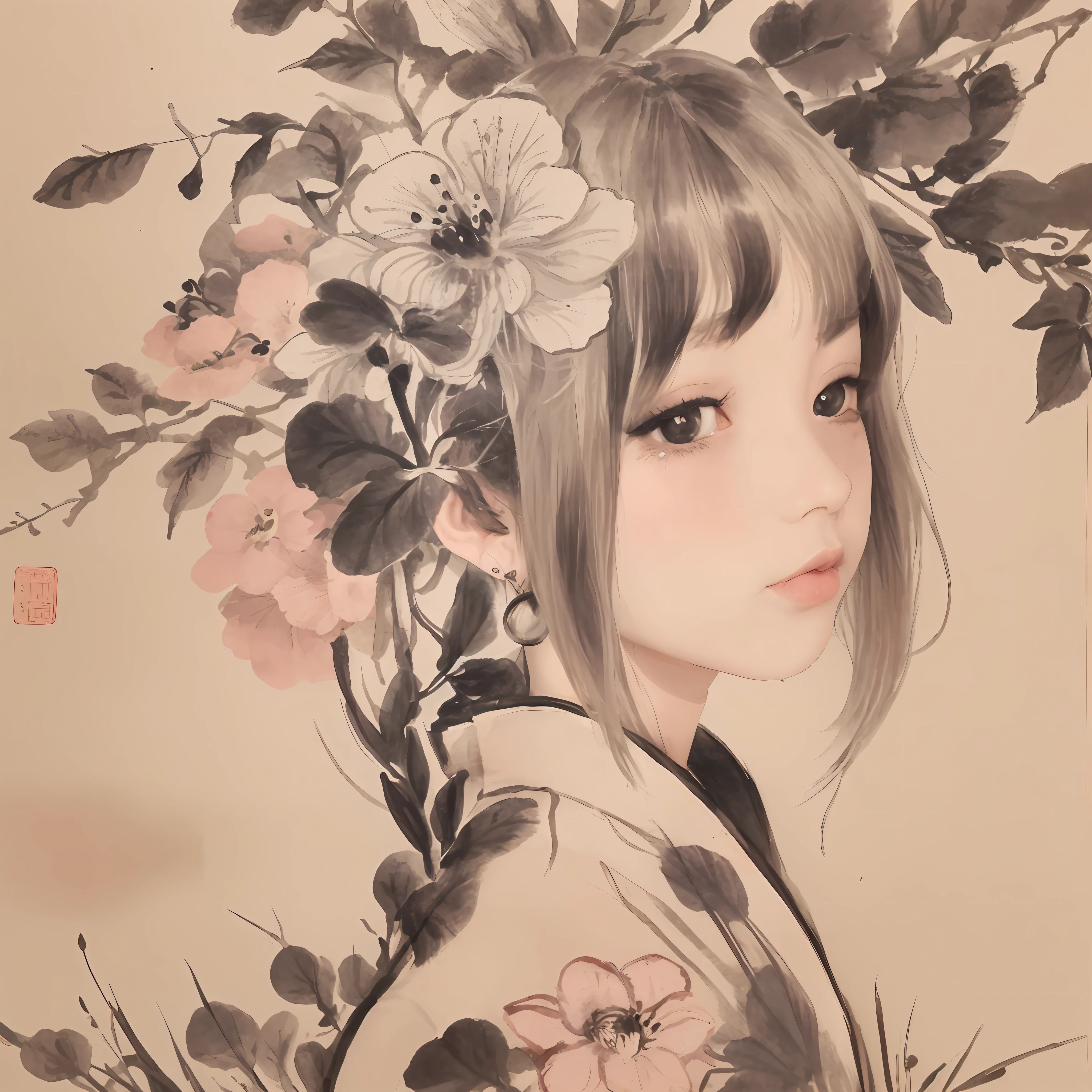 shukezouma, negative space, , shuimobysim ,(portrait:1.2), solo, masterpiece, best quality,flower, looking to the side, peach blossom, bangs,,  traditional chinese ink painting,