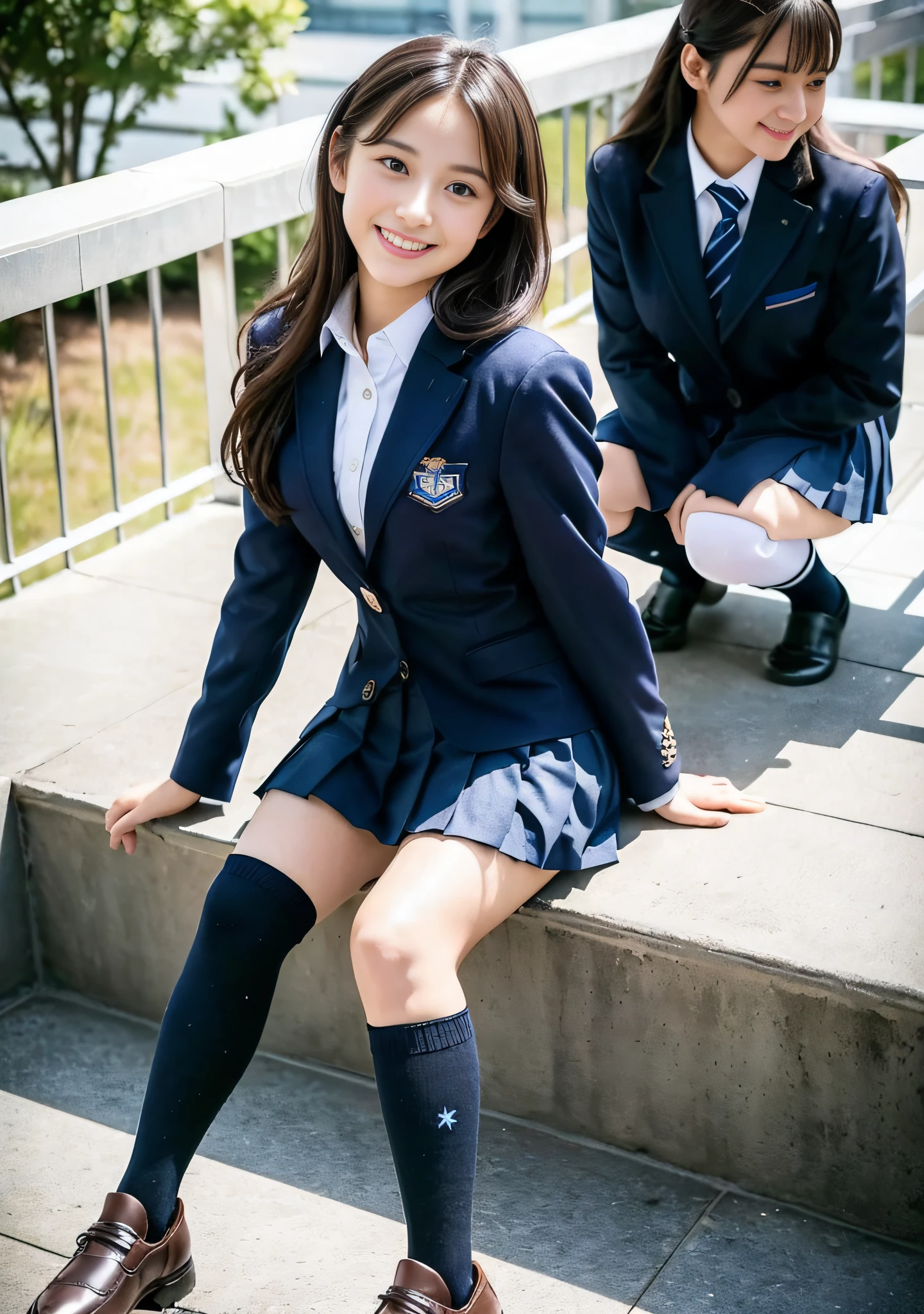 Beautiful girl high school uniform, close-up of one woman, 35mm masterpiece, (dark blue pleated mini skirt),Dark blue blazer school uniform, (navy blue high socks), brown loafers, smile, beautiful face, beautiful Japan schoolgirl, 18 years old, full body shot, thighs,, beautiful legs, beautiful thighs, (knee little boy), super beautiful girl, (((only wearing specified clothes, socks)), petite beautiful girl, idol class cuteness