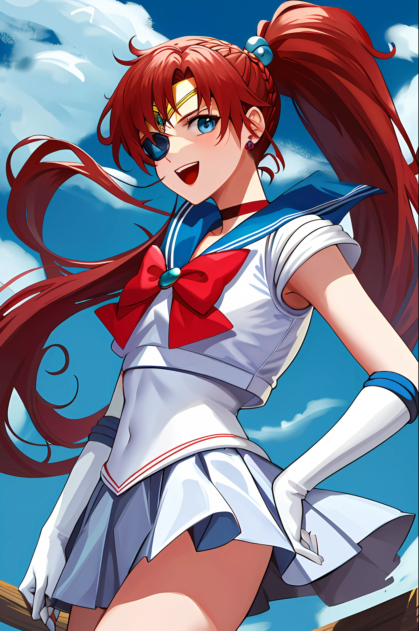 masterpiece, best quality, highres, hmjupiter, blue eyes, eyepatch, left eyepatch, long ponytail, braids, tiara, jewelry, sailor senshi uniform, red sailor collar, blue choker, elbow gloves, white gloves, blue bow, brooch, leotard, red skirt, cowboy shot, standing, field, smile, open mouth,