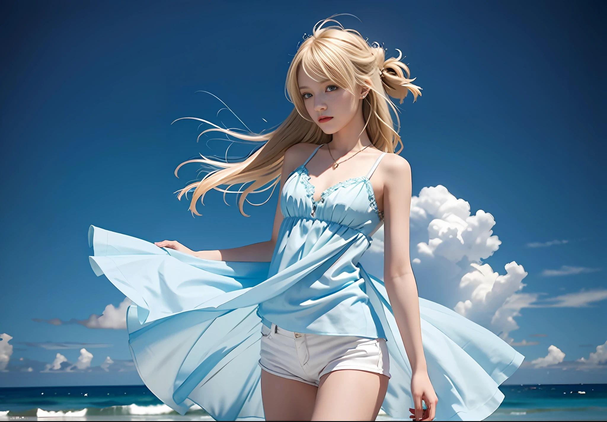 Blue dress, fairy dress, cool clothes, 1 girl, 18 years old, on the beach, blonde hair, slim figure, smaller bust, white shorts, beautiful light, background for the sea,