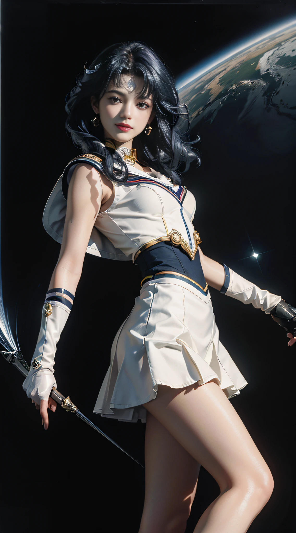 (Extreme Detail CG Unity 8K wallpaper, masterpiece, highest quality), (exquisite lighting and shadow, highly dramatic picture, cinematic lens effect), (Sailor Moon: 1.4), delicate facial features, charming smile, star eyes, dark blue hair, tight top, white gloves, mini skirt, dynamic pose), the background is the universe (excellent detail, excellent lighting, wide angle), (excellent rendering, enough to stand out in its class),