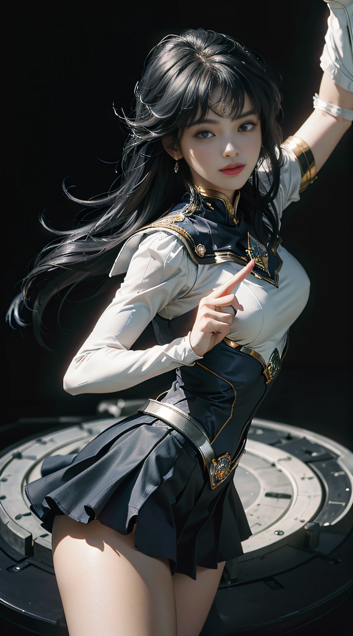 (Extreme Detail CG Unity 8K wallpaper, masterpiece, highest quality), (exquisite lighting and shadow, highly dramatic picture, cinematic lens effect), (Sailor Moon: 1.4), delicate facial features, charming smile, star eyes, dark blue hair, tight top, white gloves, mini skirt, dynamic pose), the background is the universe (excellent detail, excellent lighting, wide angle), (excellent rendering, enough to stand out in its class),