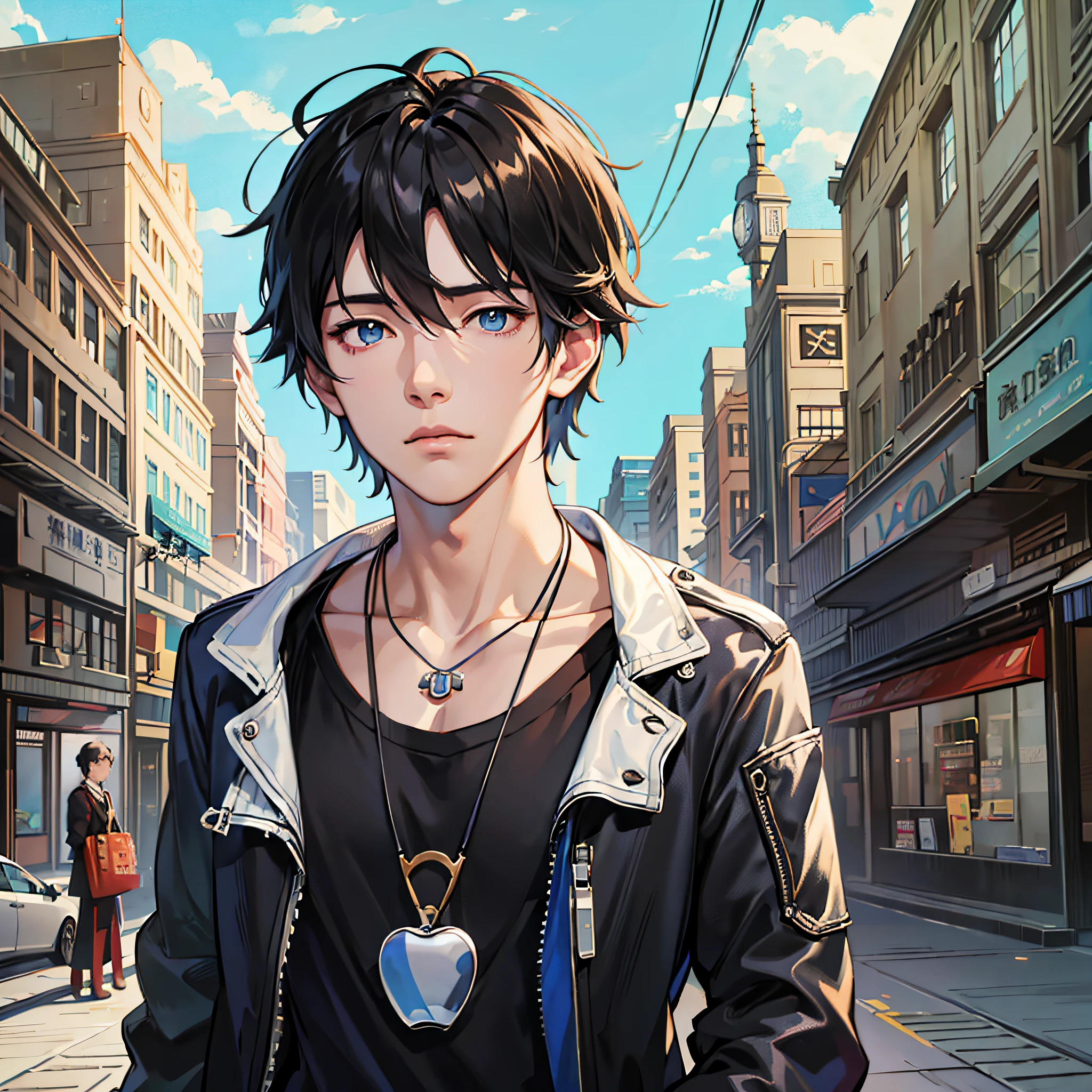 A boy named Wheat, apple, Bag, bangs, black hair, Black shirt, blue eye, Hair between the eyes, jewels, leaf, looks at the viewer, malefocus, Necklaces, pants, dress shirt, solo, watch, White pants, watch, Messy hair, Trends on ArtStation, 8K resolution, Very Detailed, Clear images, digital painting, ConceptArt, Popular trends on pixiv, style of makoto shinkai, anatomically correct --auto --s2