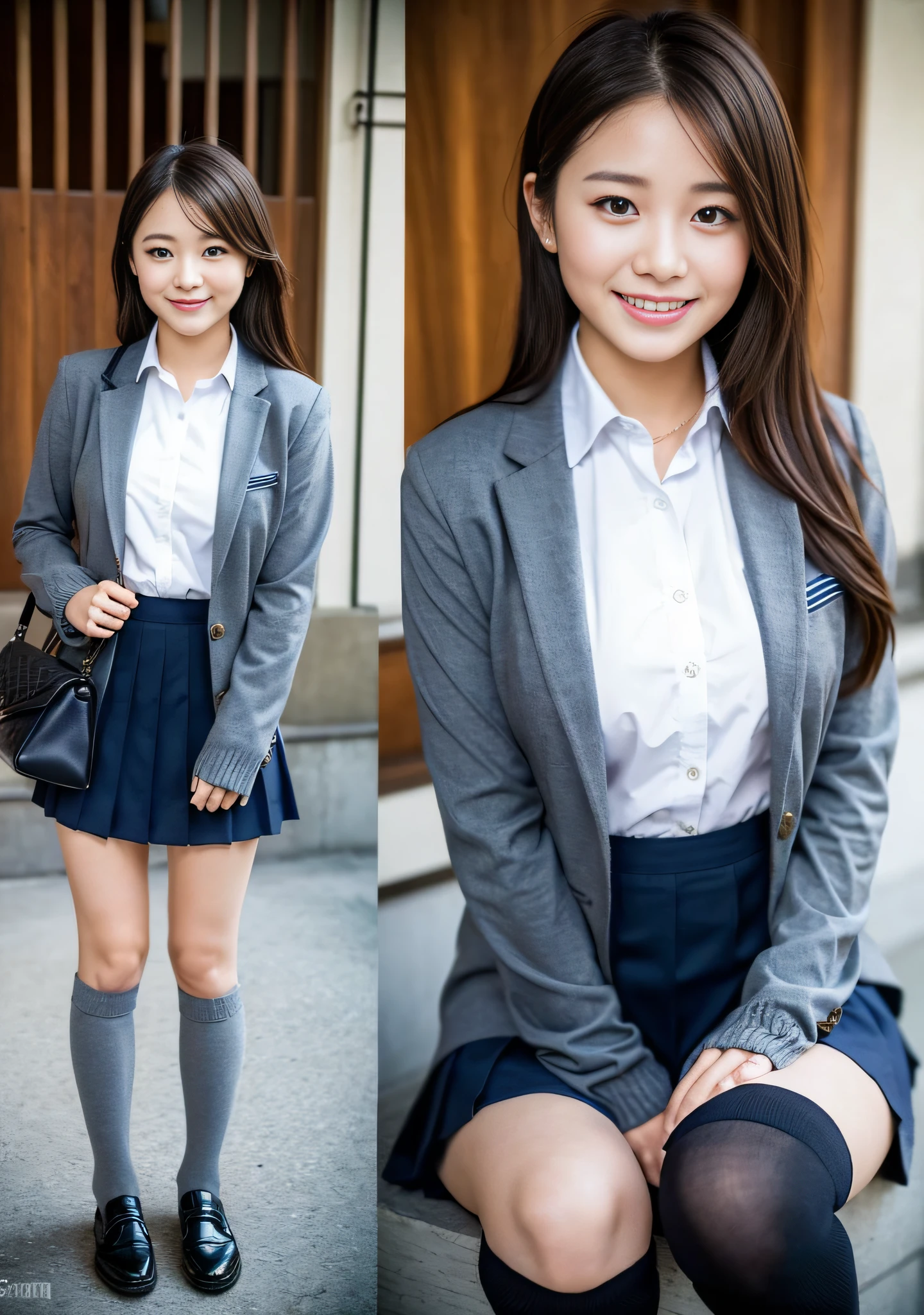 Lady high school uniform, close-up of one woman, 35mm masterpiece, (gray tight mini skirt),tight mini skirt, white shirt, dark blue sweater, (navy blue high socks), brown loafers, smile, beautiful face, beautiful Japan schoolgirl, 18 years old, full body shot, thighs,, beautiful legs, beautiful thighs, (knee little boy), super beautiful girl, only wears specified clothes, petite,