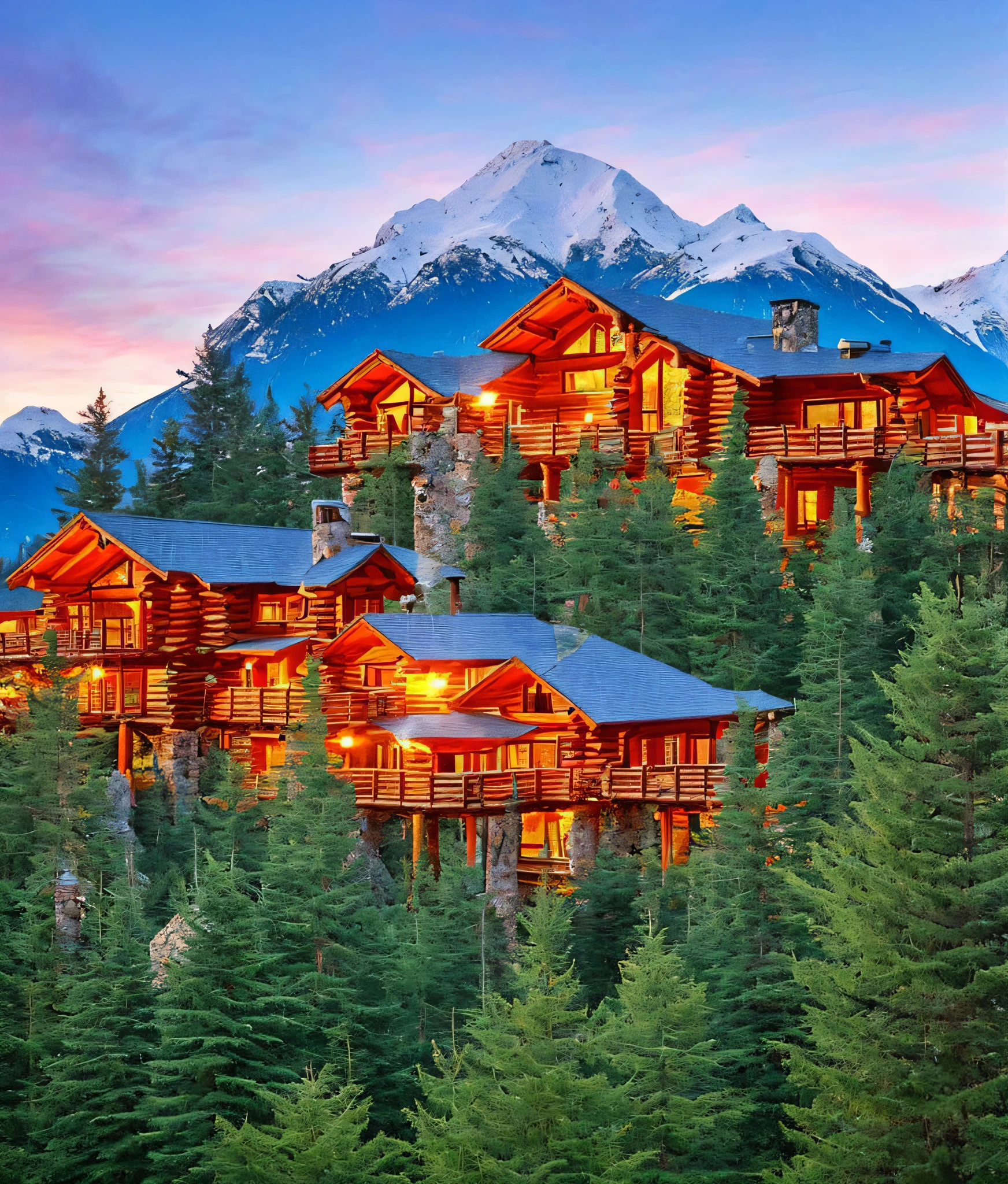Create a beautiful mountain scene with a log house next to a rugged mountain with snow-capped peaks and a beautiful sunset