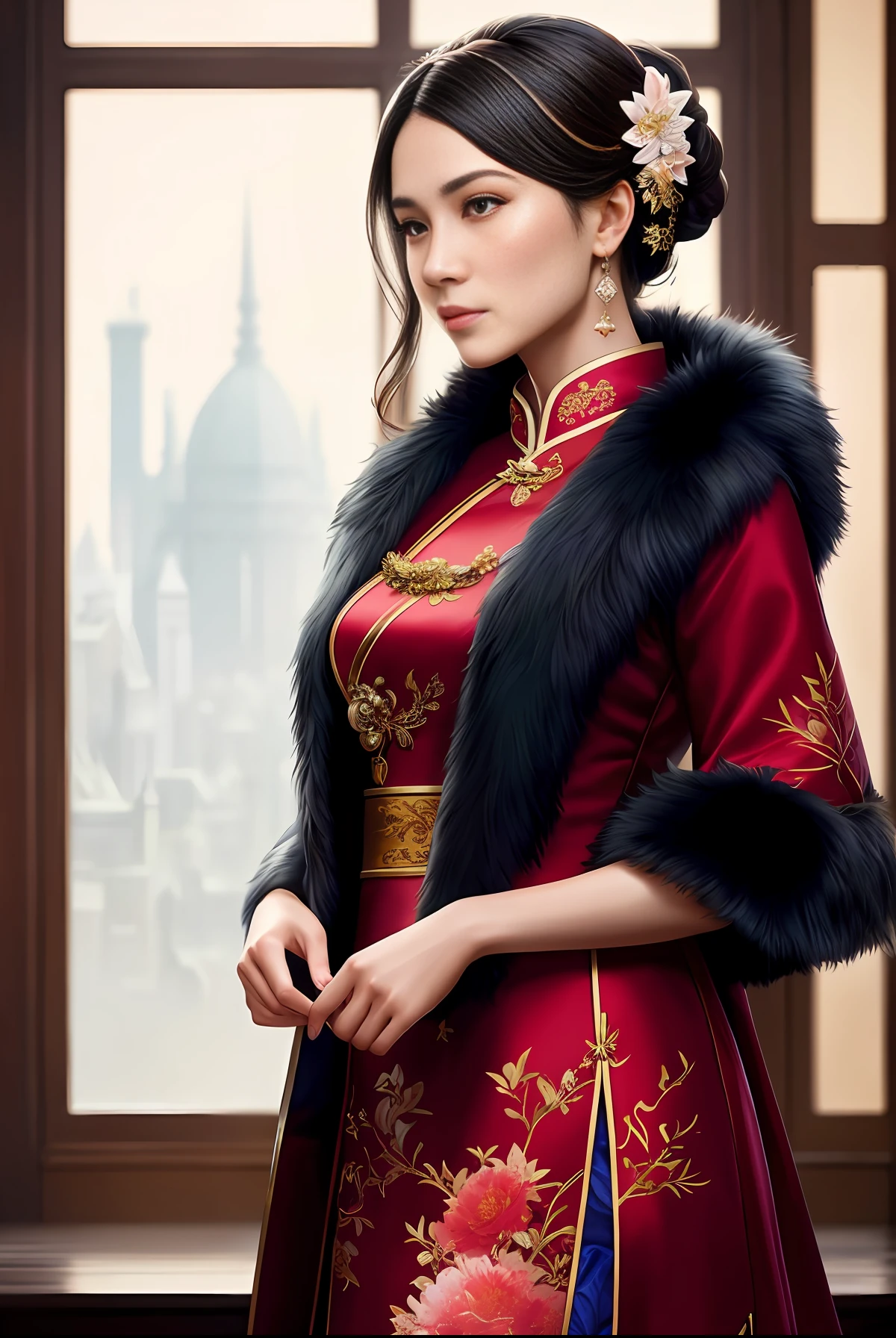 modelshoot style, (extremely detailed CG unity 8k wallpaper), full shot body photo of the most beautiful artwork in the world,gorgeous fur,intricately detailed cheongsam,professional majestic oil painting,  Antonio Moro, trending on ArtStation, trending on CGSociety, Intricate, High Detail, Sharp focus, sharp image,dramatic, photorealistic painting art by midjourney and greg rutkowski