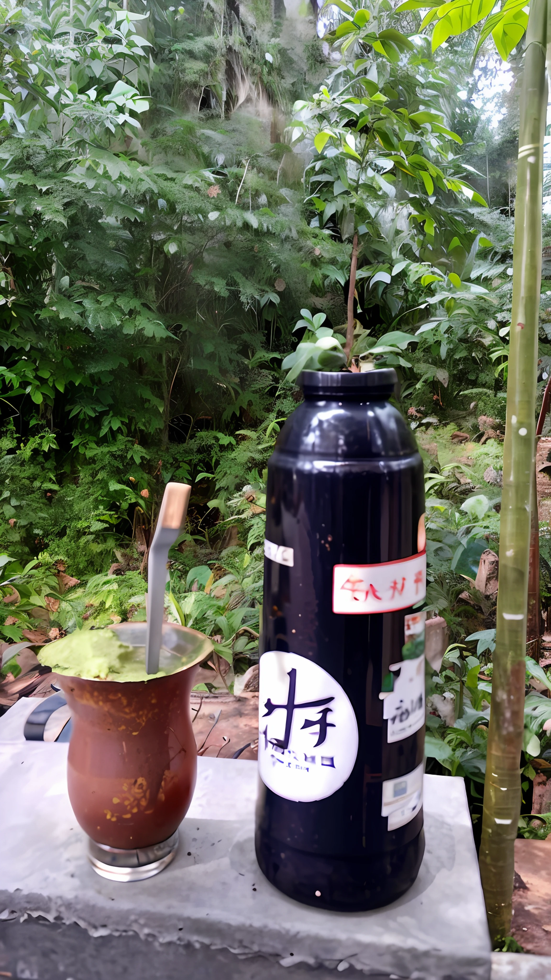 there is a black bottle and a plant on a cement block, moringa juice, in a jungle environment, mmmmm, assam tea garden setting, in jungle forest !!!, morning shot, loputyn and matcha, pot, jungle in background, mate painting, morning coffee, yummy, post processed, ayahuasca, breakfast at las pozas, :: morning