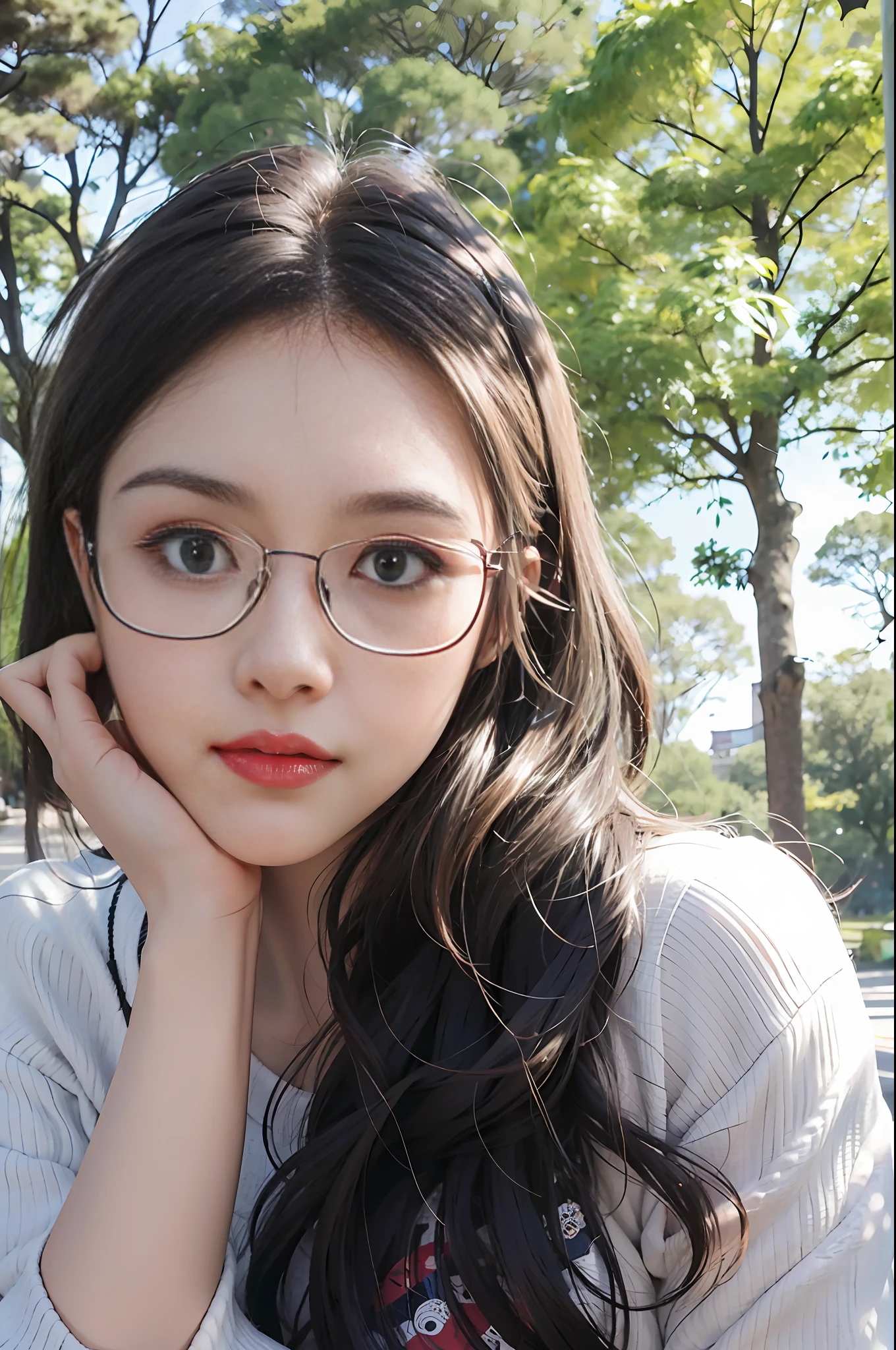 There is a woman with glasses posing for a photo in the park, wearing glasses, 8k selfie, square frame glasses, wearing small round frame glasses, wearing thin large round frame glasses, chinese girl, wearing glasses, portrait photo avatar, cute, park, tree