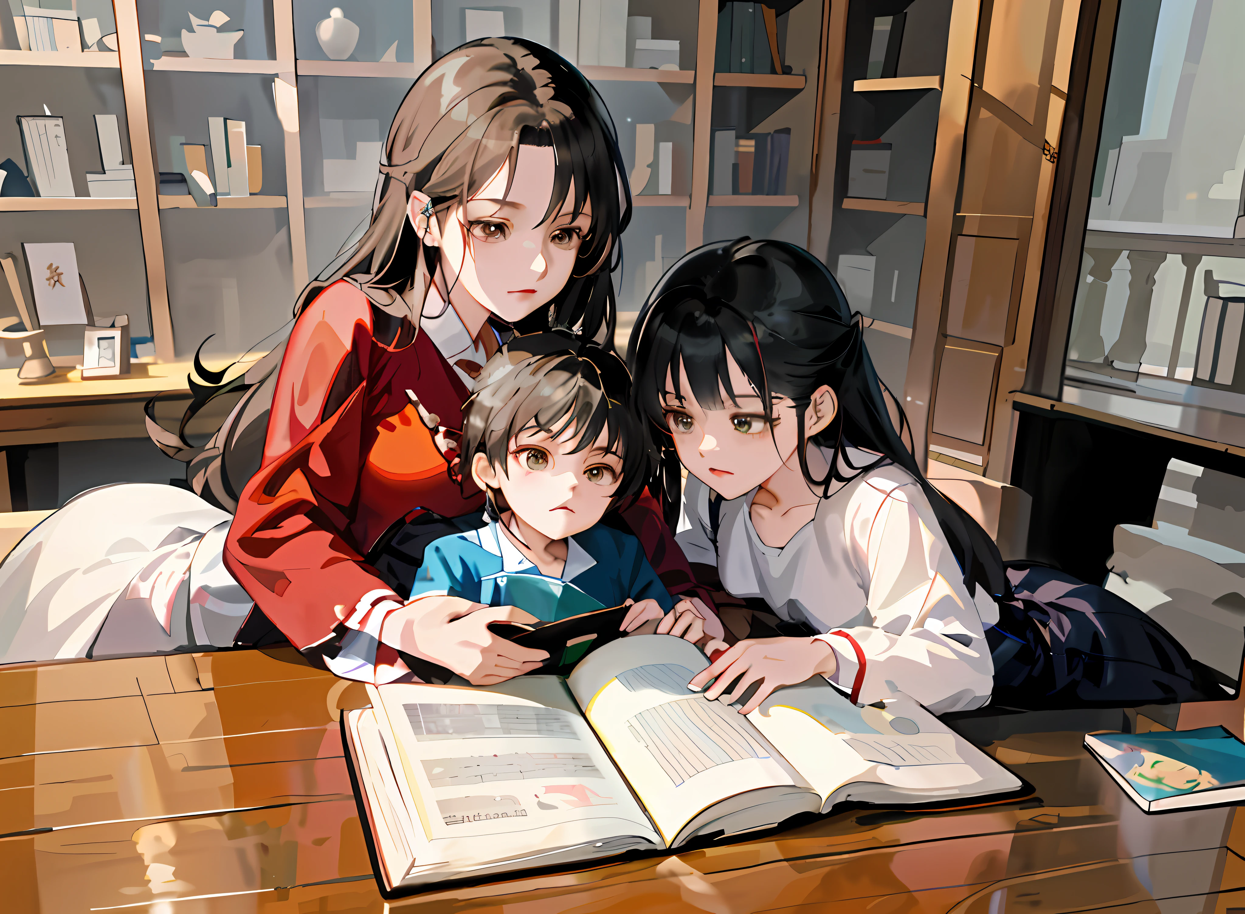 there are two women and a child sitting at a table reading a book, kawacy, manhwa, artwork in the style of guweiz, by Yang J, perfect android girl family, in a library, siblings, guweiz on pixiv artstation, by Shitao, library background, pixiv 3dcg, high quality fanart, reading a book