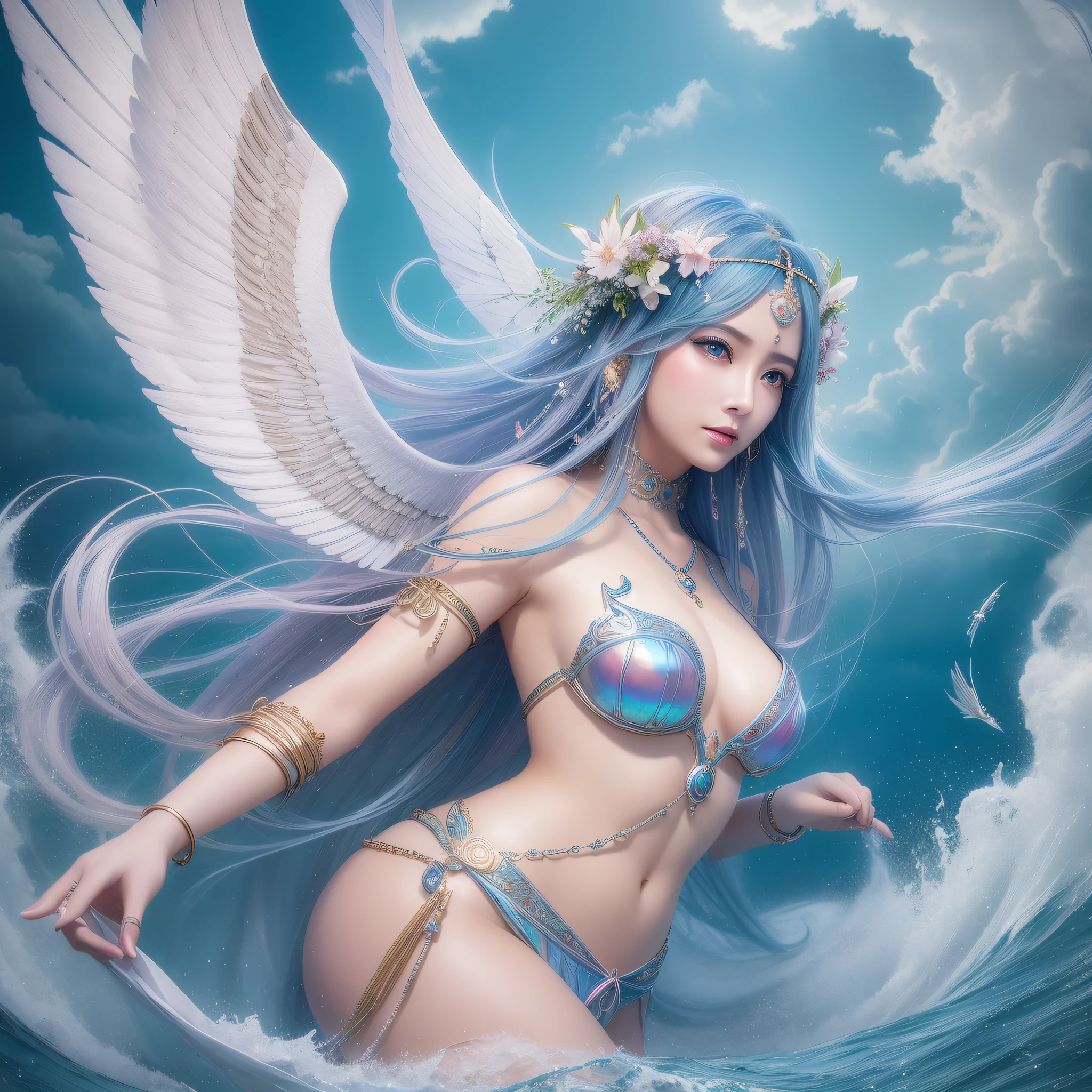Imagine the goddess of the wind in the sky, radiating beauty and elegance. Imagine her with iridescent wings, floating in the sky, surrounded by swirling clouds and delicate currents of wind. Photorealistic, Masterpiece, Top Quality, Super Detail, HDR, 8K