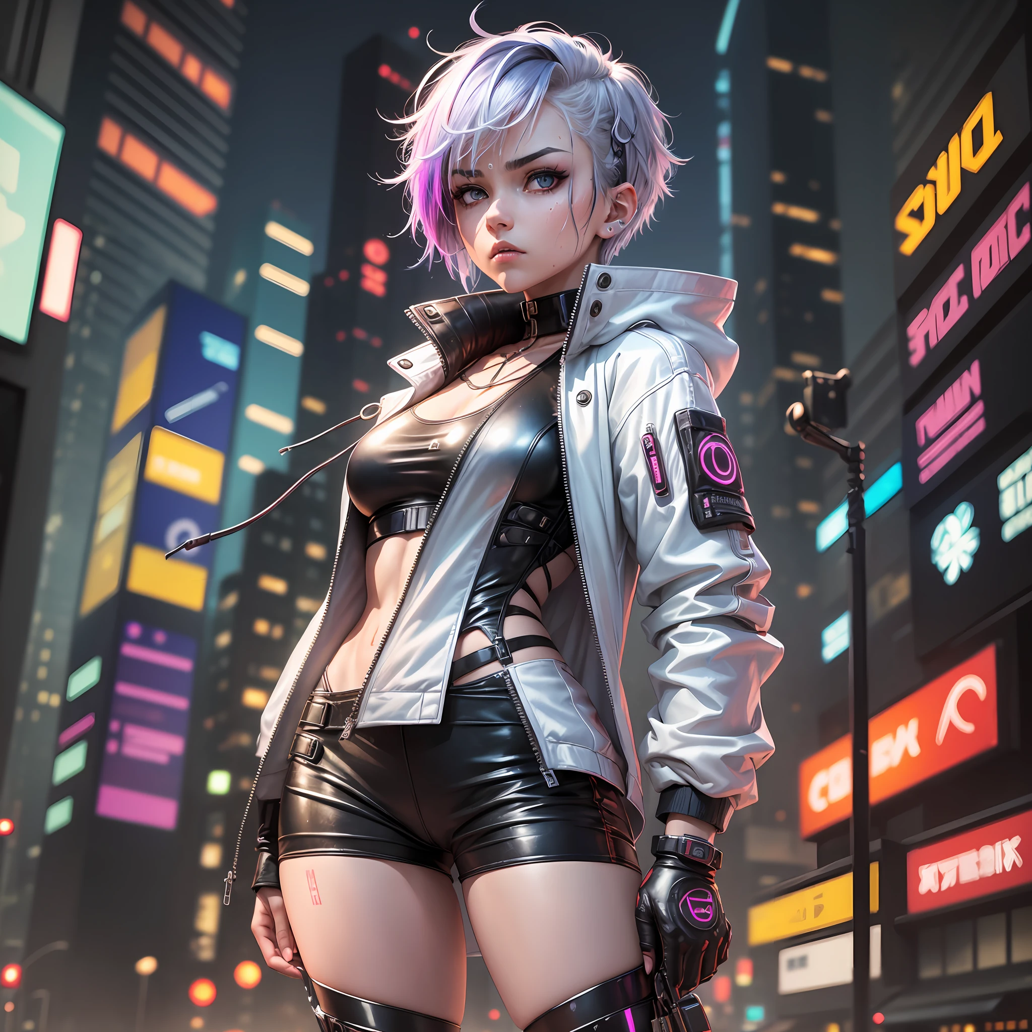 1girl, solo, Lucy (cyberpunk), (white jacket), (open jacket), shorts, (bodysuit), (without sleeves), pouch, (gray hair), (asymmetrical hair), (short hair), (multicolored hair), (beautiful fine hair),(blow hair), red eyeliner, beautiful woman, beautiful eyes, detailed beautiful shiny skin, cute, Perfect Skin, Shiny Skin, 20 years old, (Small), pureerosface_v1:0.3 , (Outdoor), Sharp face, (Abdomen:1.2), (Depressed), (Anger), Sweat, Wet, Neon, Cyberpunk, SF, (Fighting Stance), (Gold Wire), (Constriction:1.4) --auto --s2